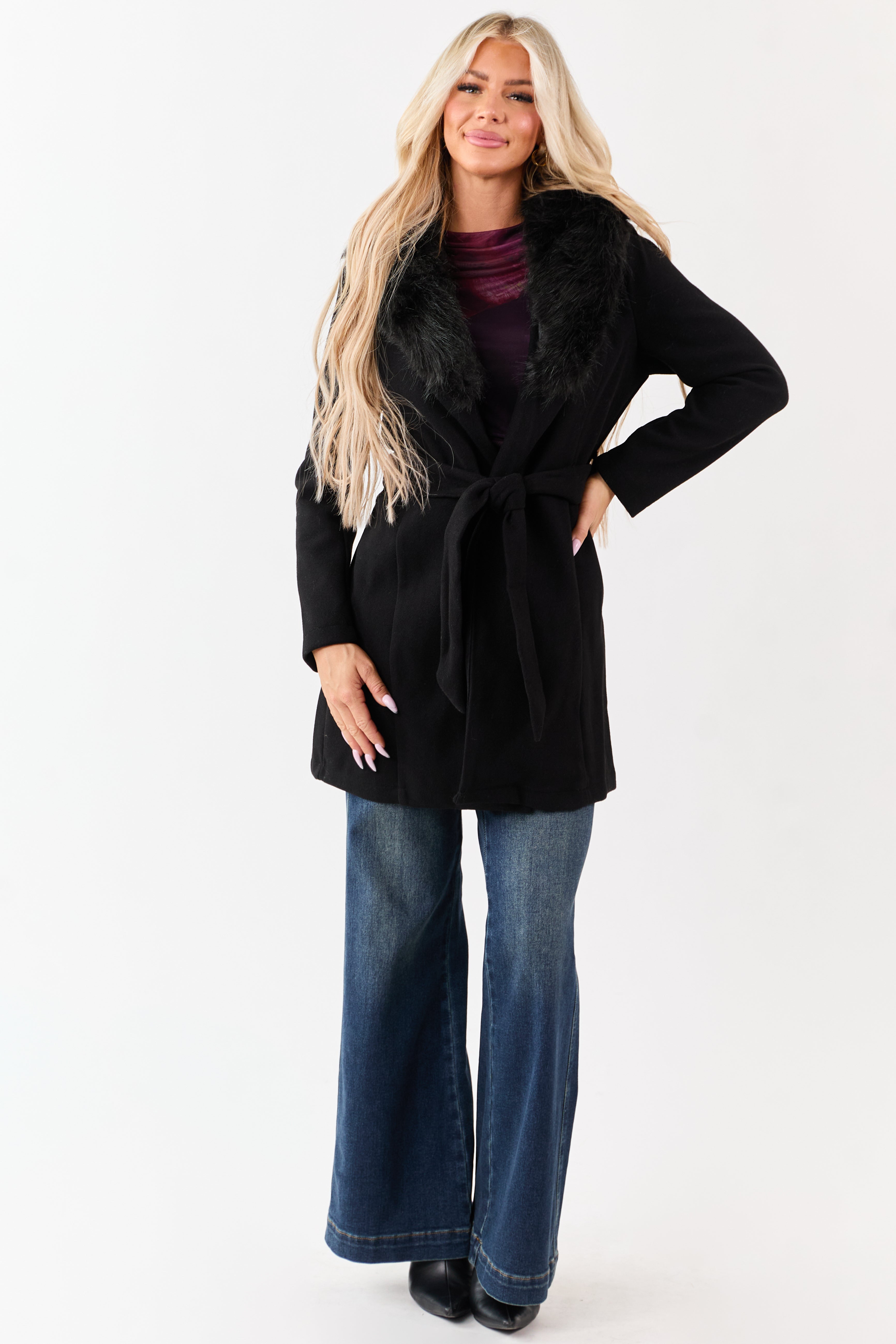 Black Faux Fur Lapel Collar Waist Tie Long Coat