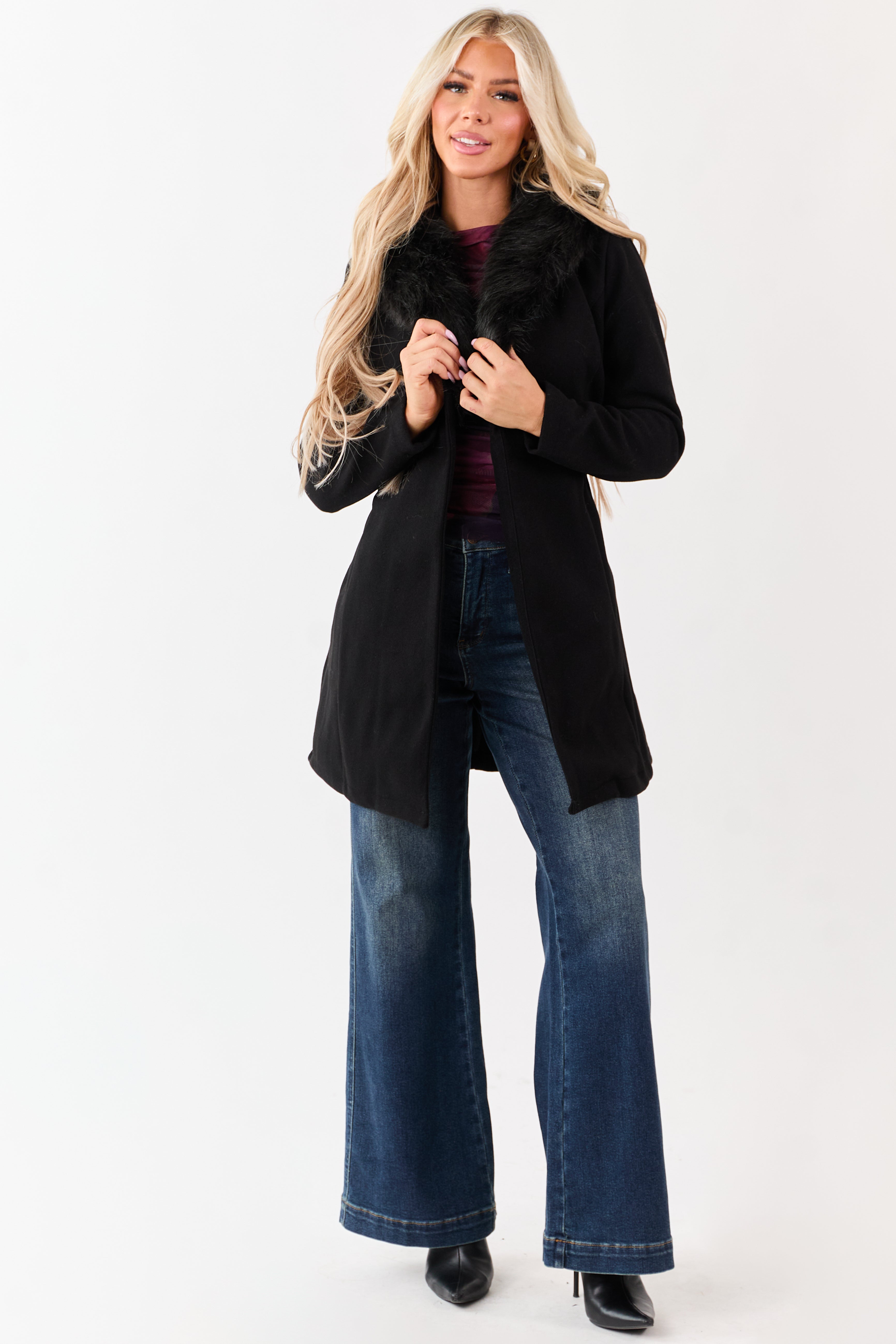 Black Faux Fur Lapel Collar Waist Tie Long Coat