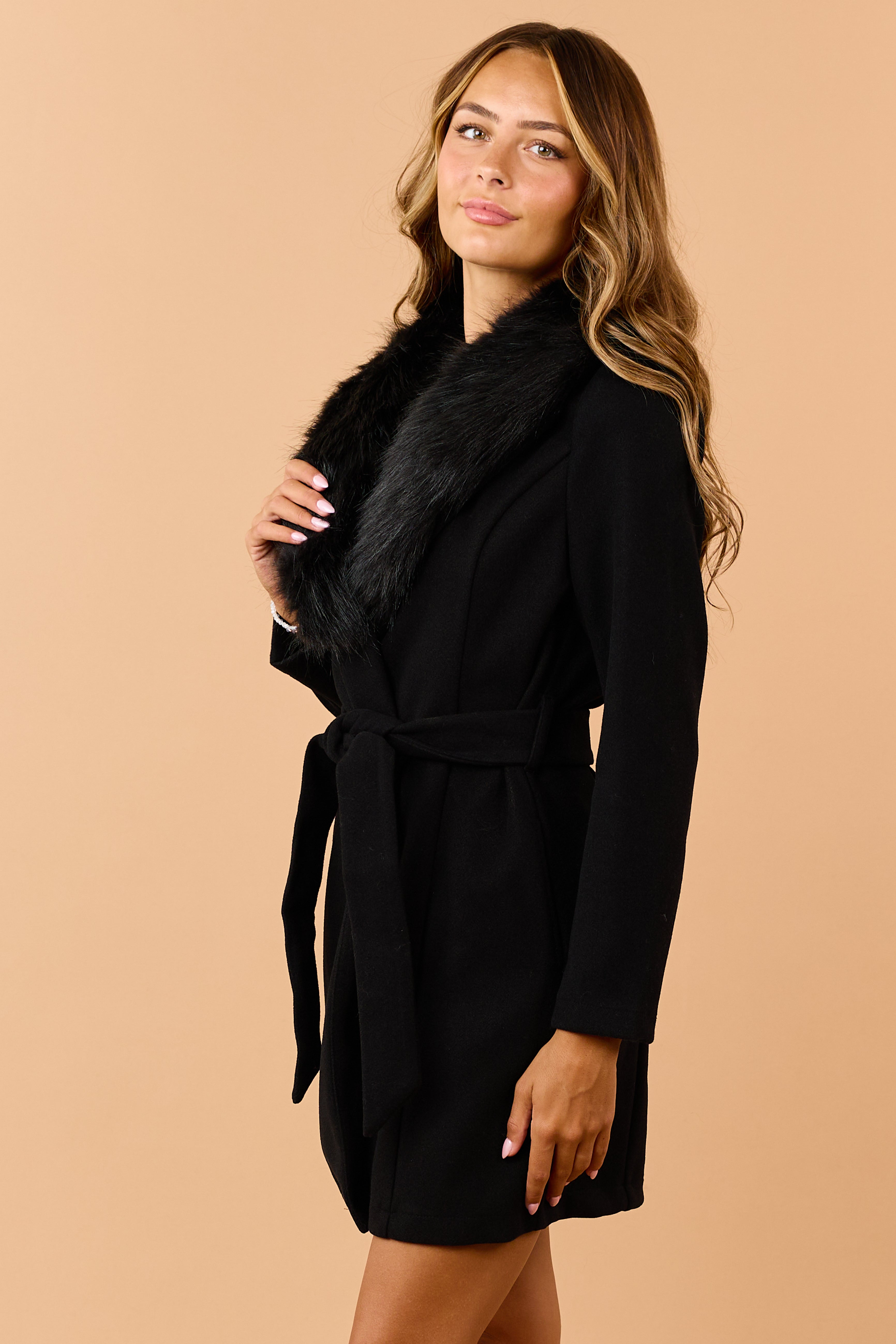 Black Faux Fur Lapel Collar Waist Tie Long Coat