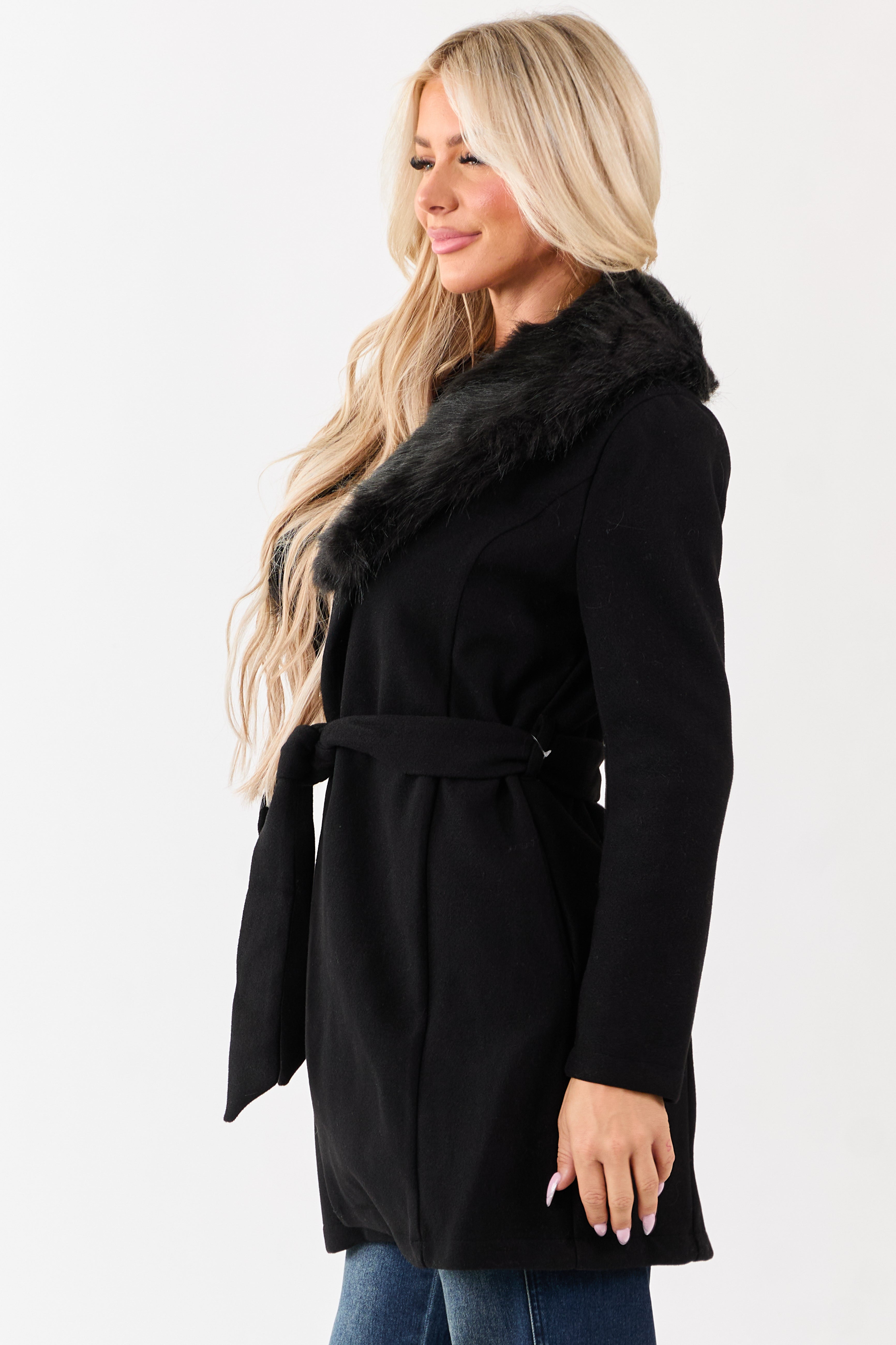 Black Faux Fur Lapel Collar Waist Tie Long Coat