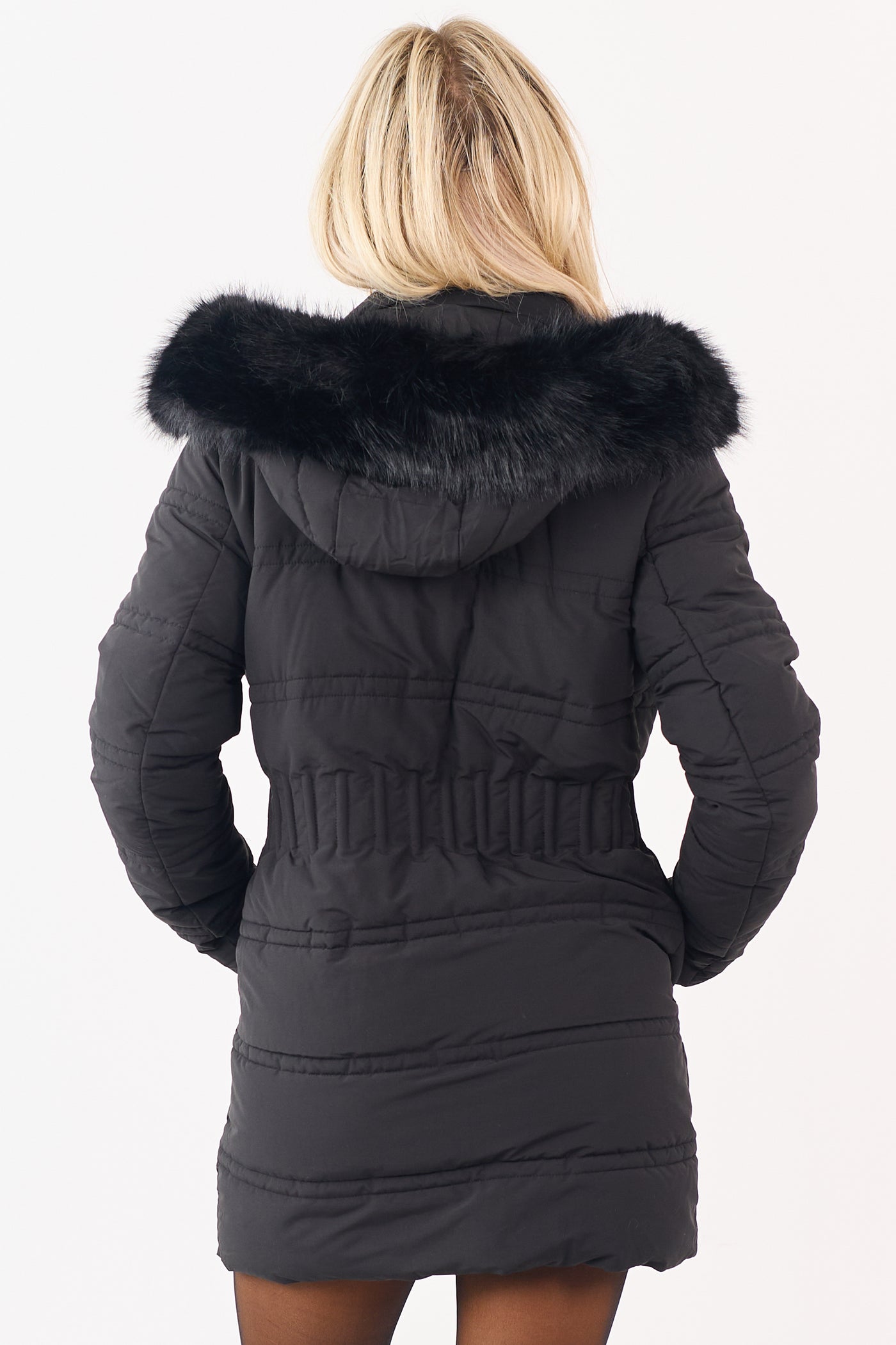 PRE-ORDER Black Faux Fur Lined Hood Zip Up Long Puffer Coat SHIP ETA 12/4