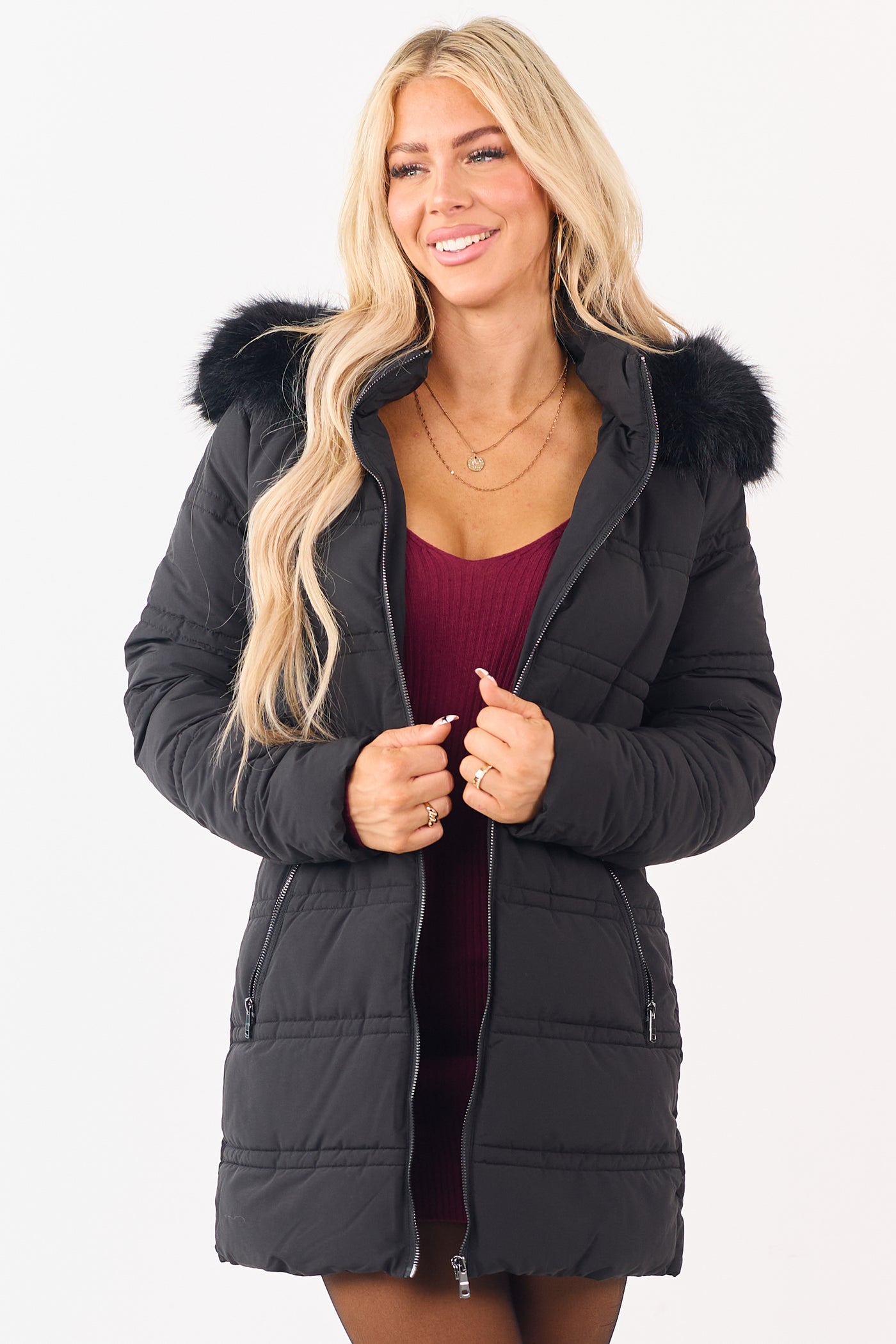 PRE-ORDER Black Faux Fur Lined Hood Zip Up Long Puffer Coat SHIP ETA 12/4