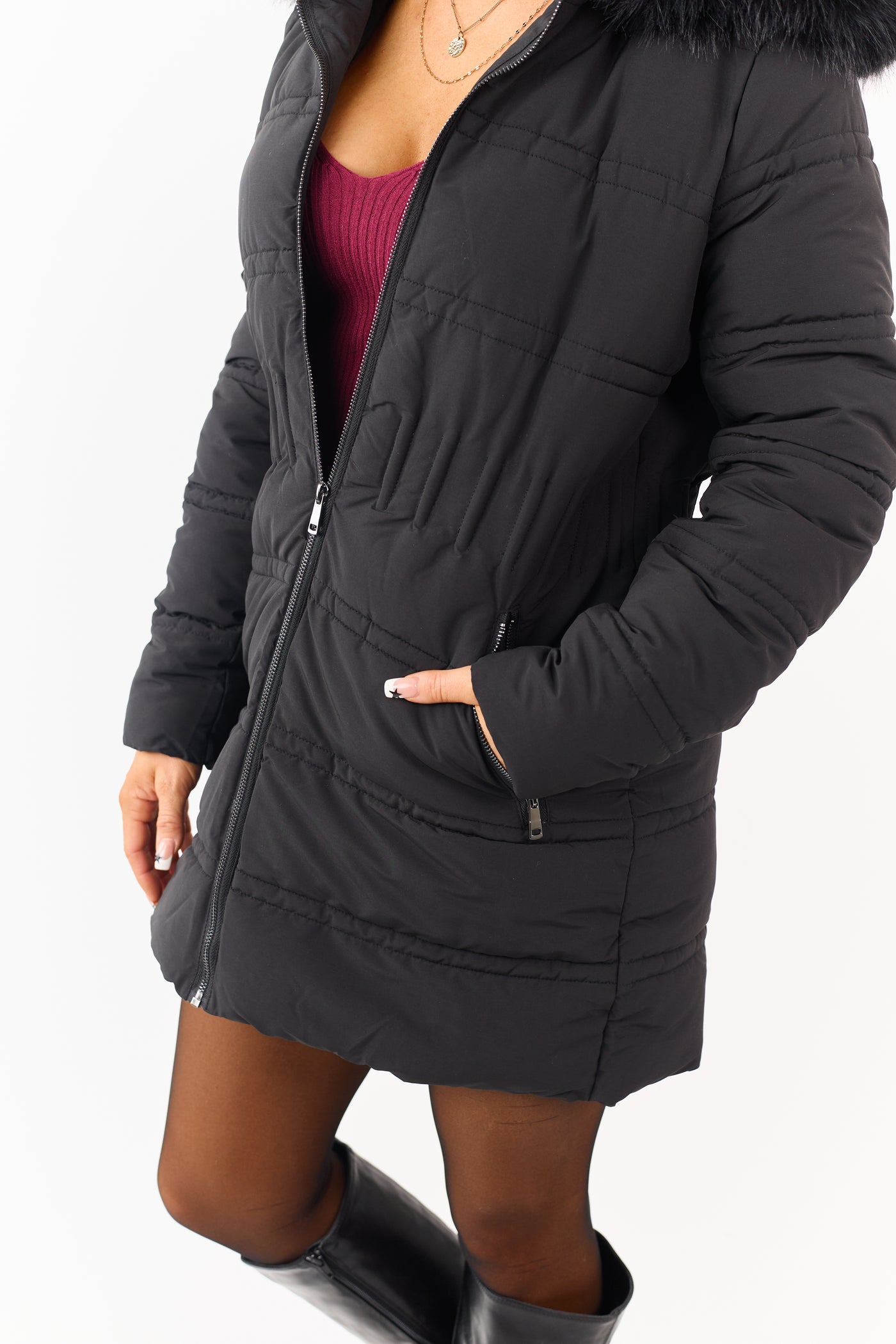 PRE-ORDER Black Faux Fur Lined Hood Zip Up Long Puffer Coat SHIP ETA 12/4