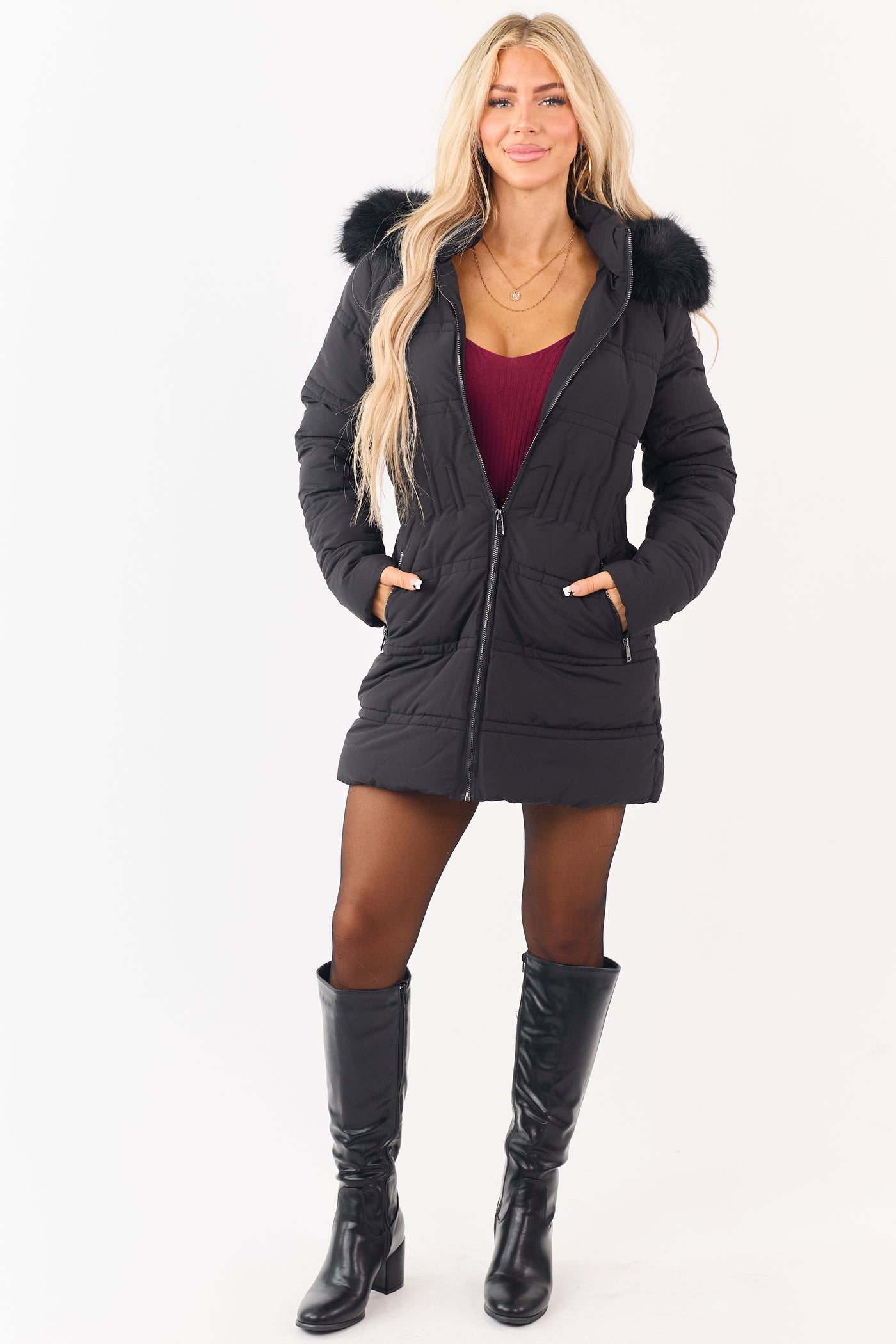 PRE-ORDER Black Faux Fur Lined Hood Zip Up Long Puffer Coat SHIP ETA 12/4