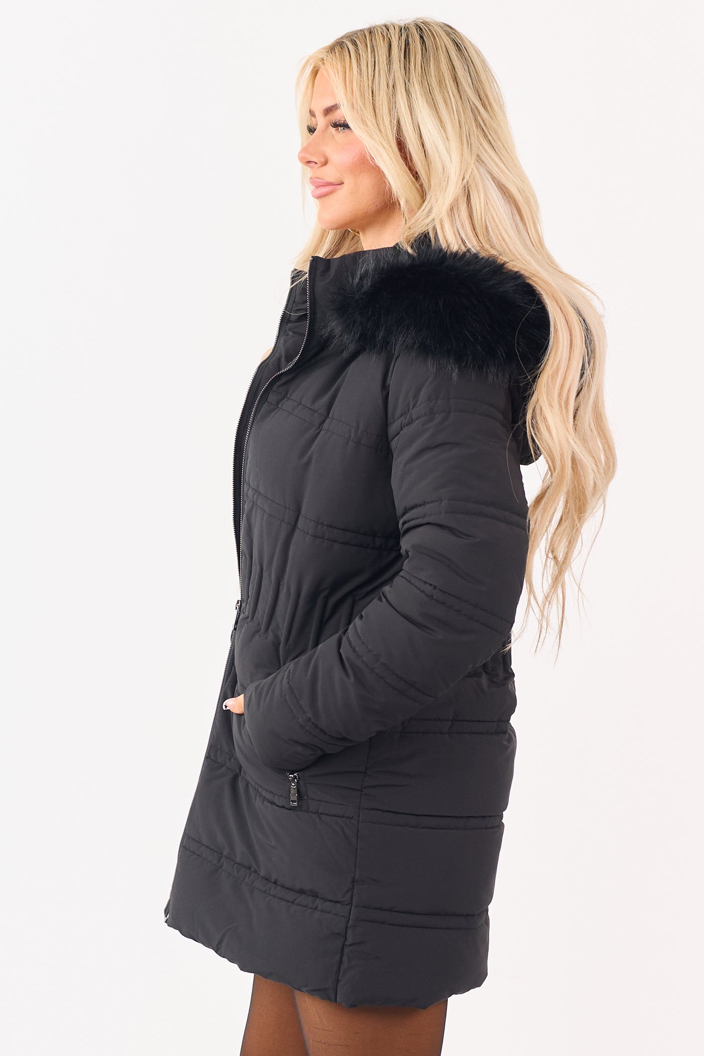 PRE-ORDER Black Faux Fur Lined Hood Zip Up Long Puffer Coat SHIP ETA 12/4