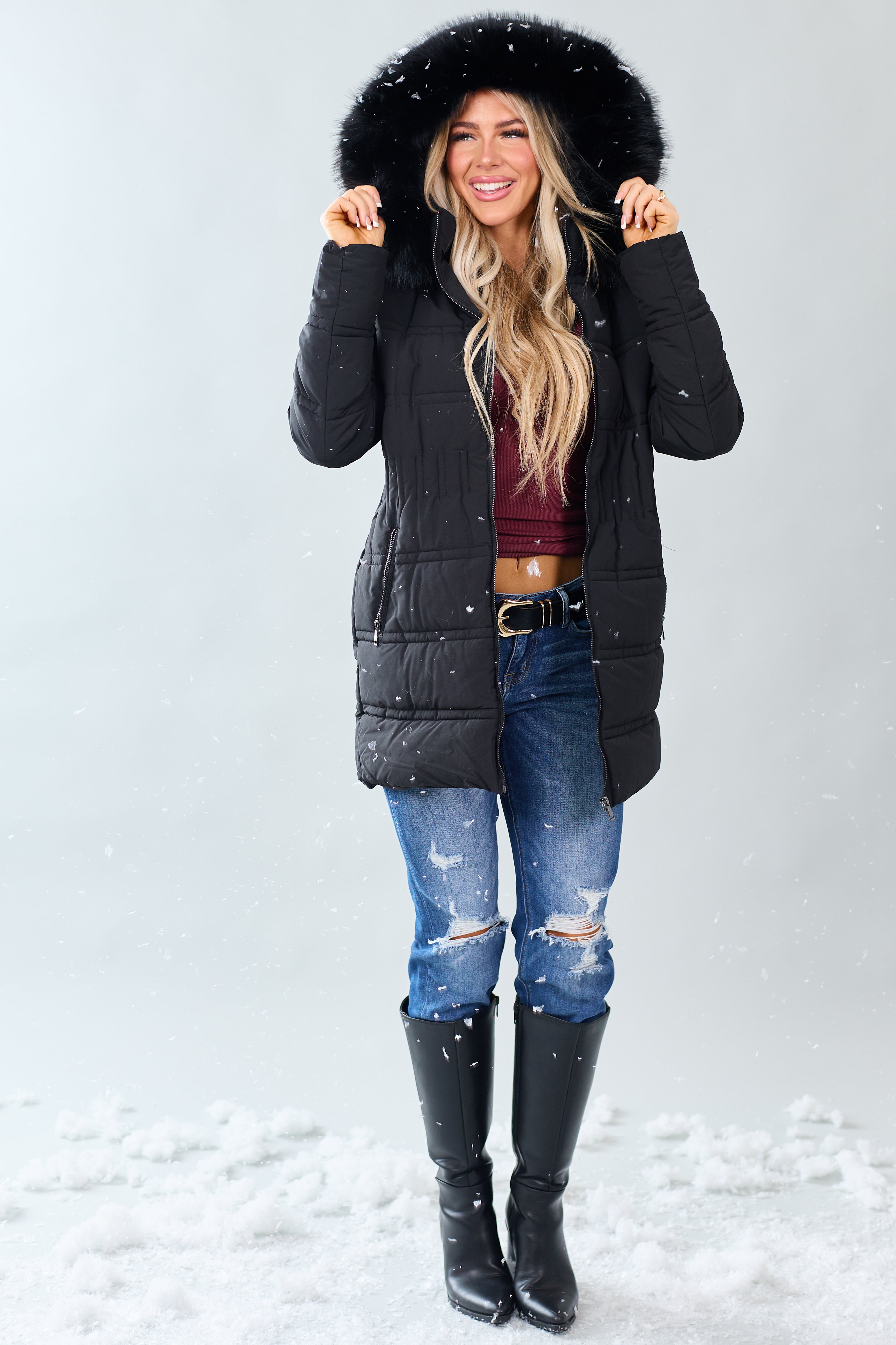 Black Faux Fur Lined Hood Zip Up Long Puffer Coat