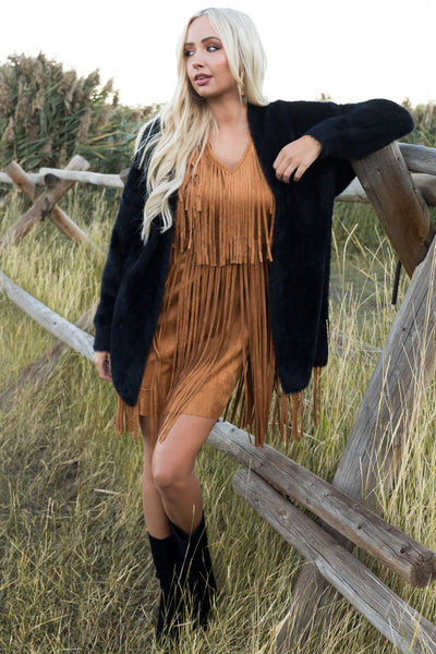 Black Faux Fur Open Knit Cardigan