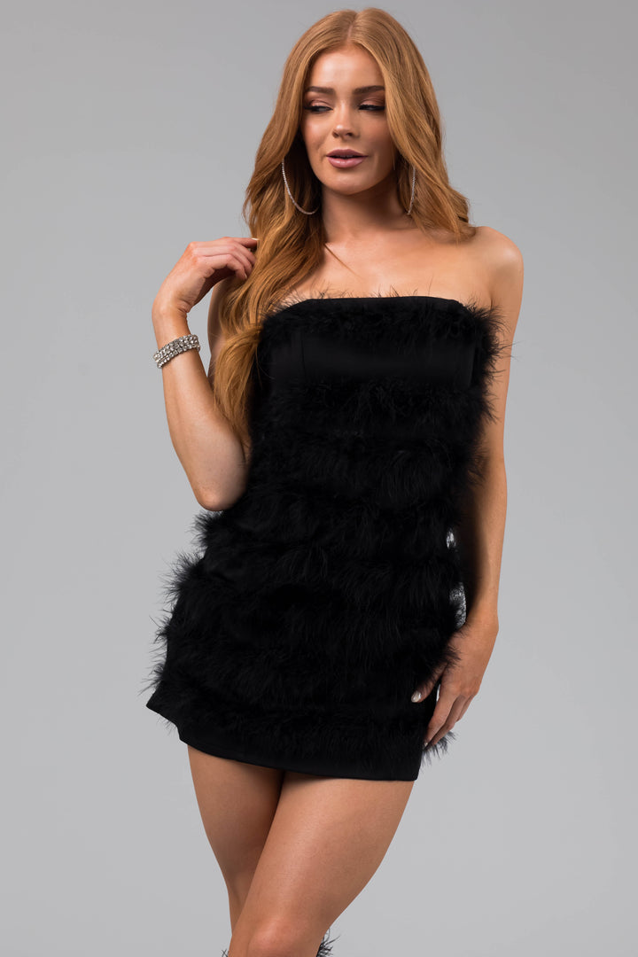 Black Faux Fur Strapless Mini Dress