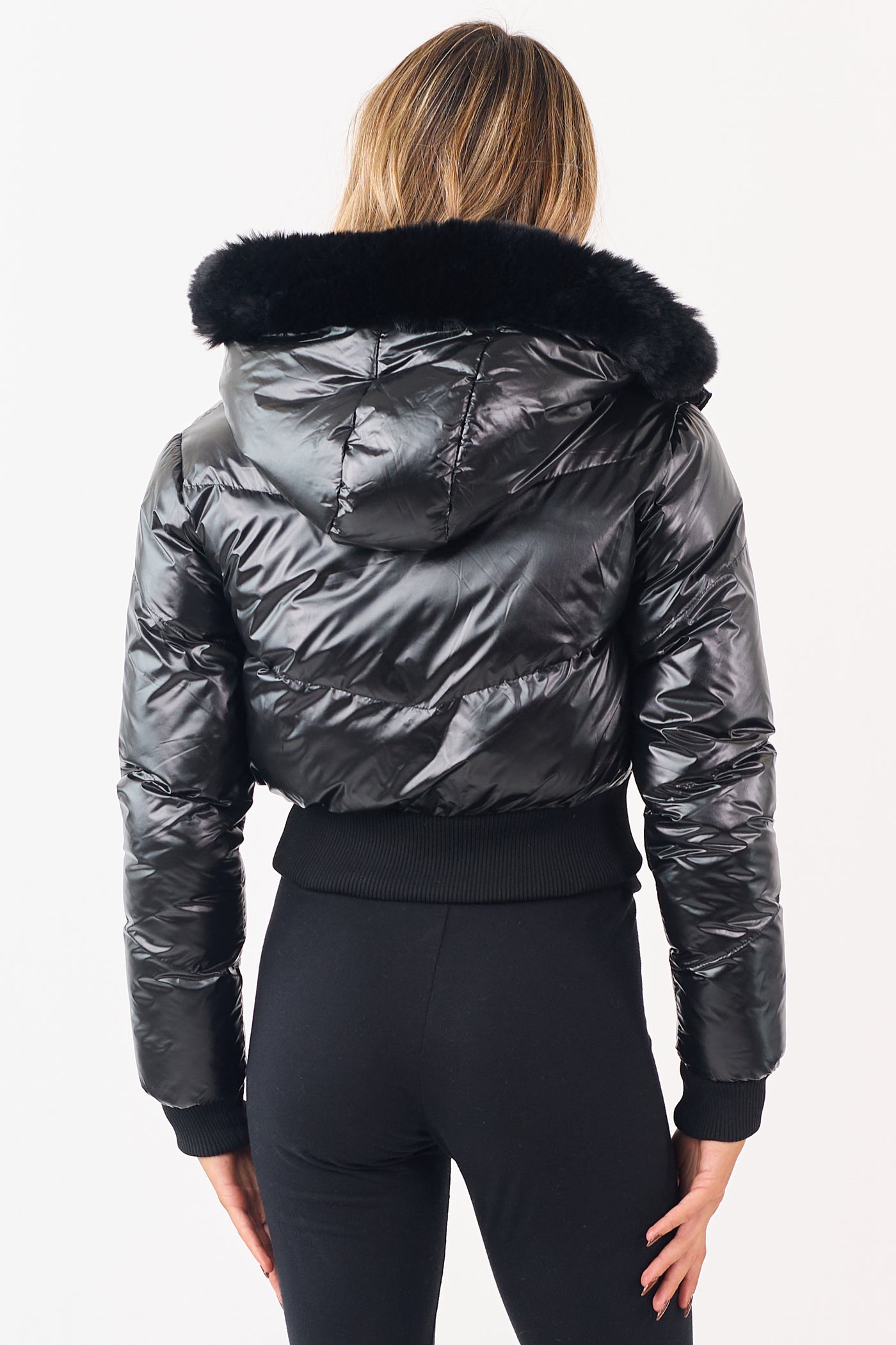 Black Faux Fur Trim Hood Zip Up Puffer Jacket