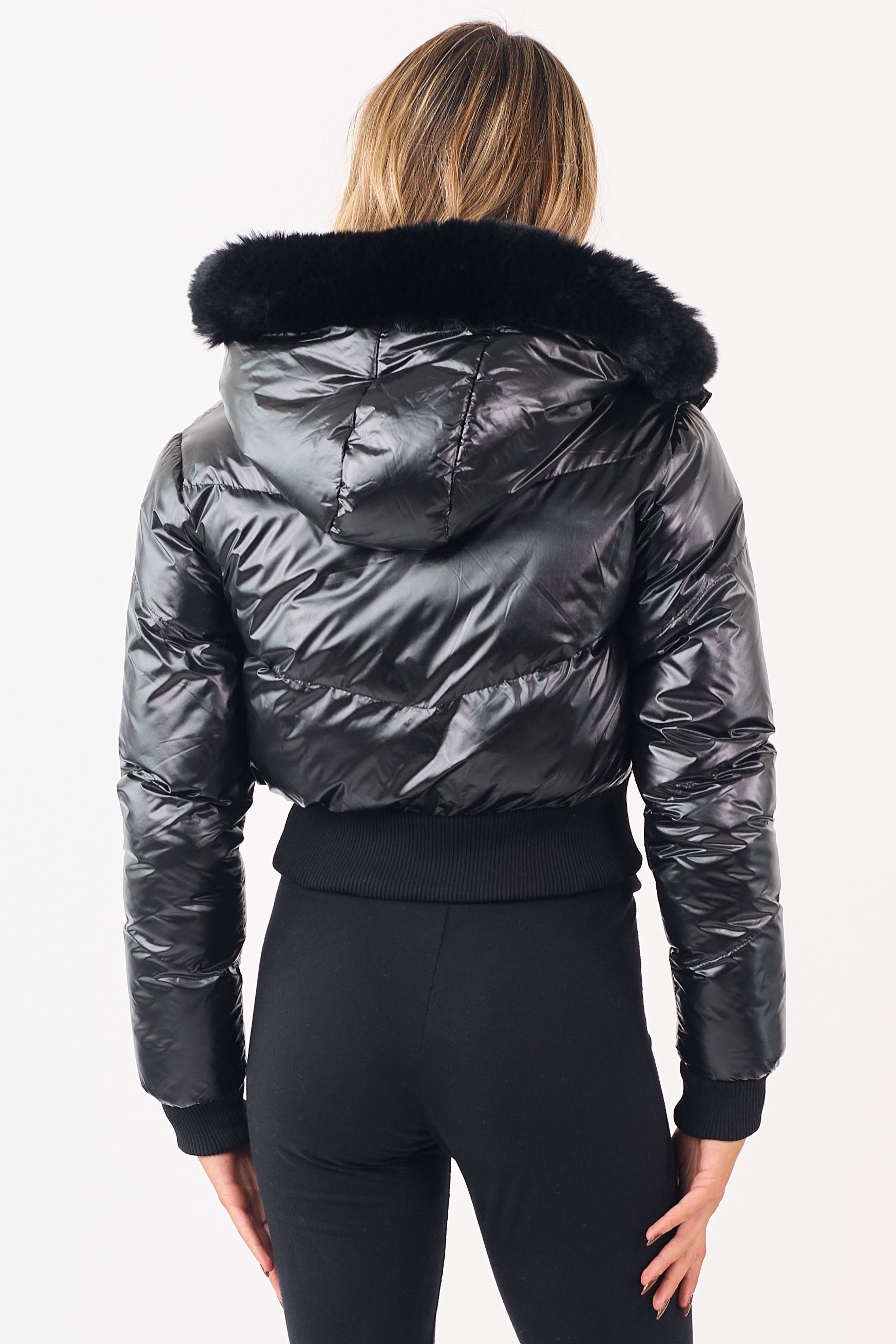 Black Faux Fur Trim Hood Zip Up Puffer Jacket