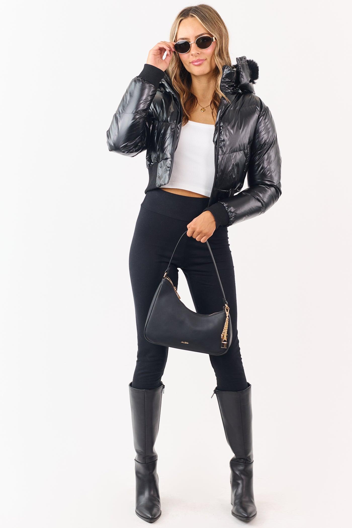 Black Faux Fur Trim Hood Zip Up Puffer Jacket