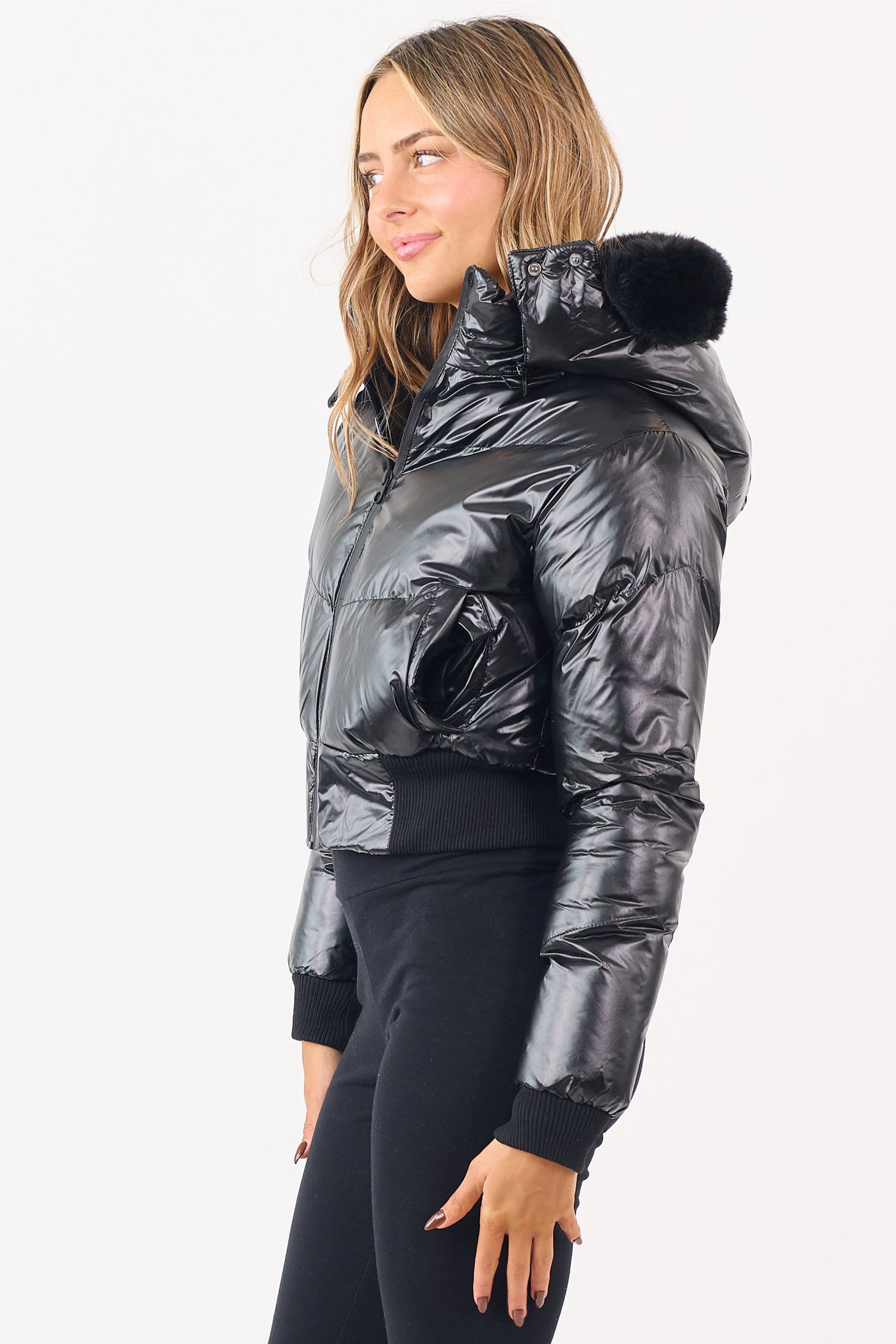 Black Faux Fur Trim Hood Zip Up Puffer Jacket