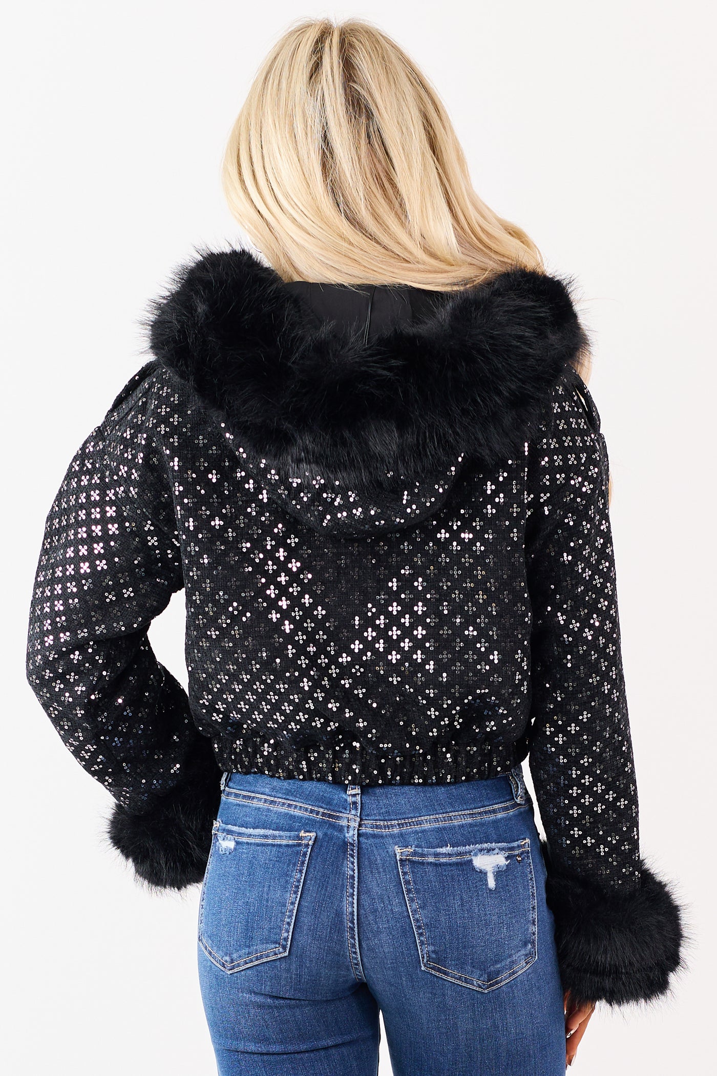 Black Faux Fur Trim Sequin Hooded Bomber Jacket