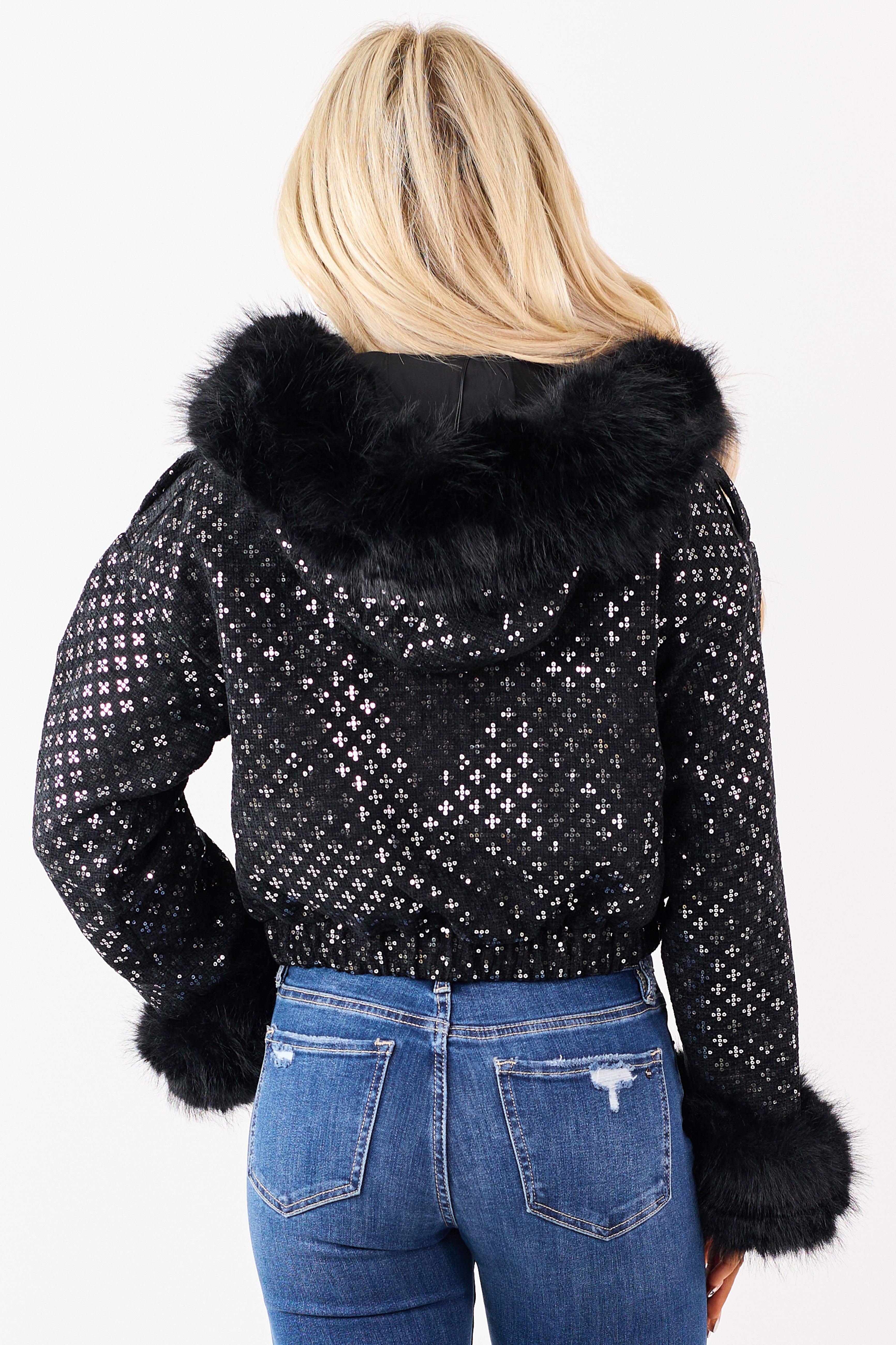 Black Faux Fur Trim Sequin Hooded Bomber Jacket