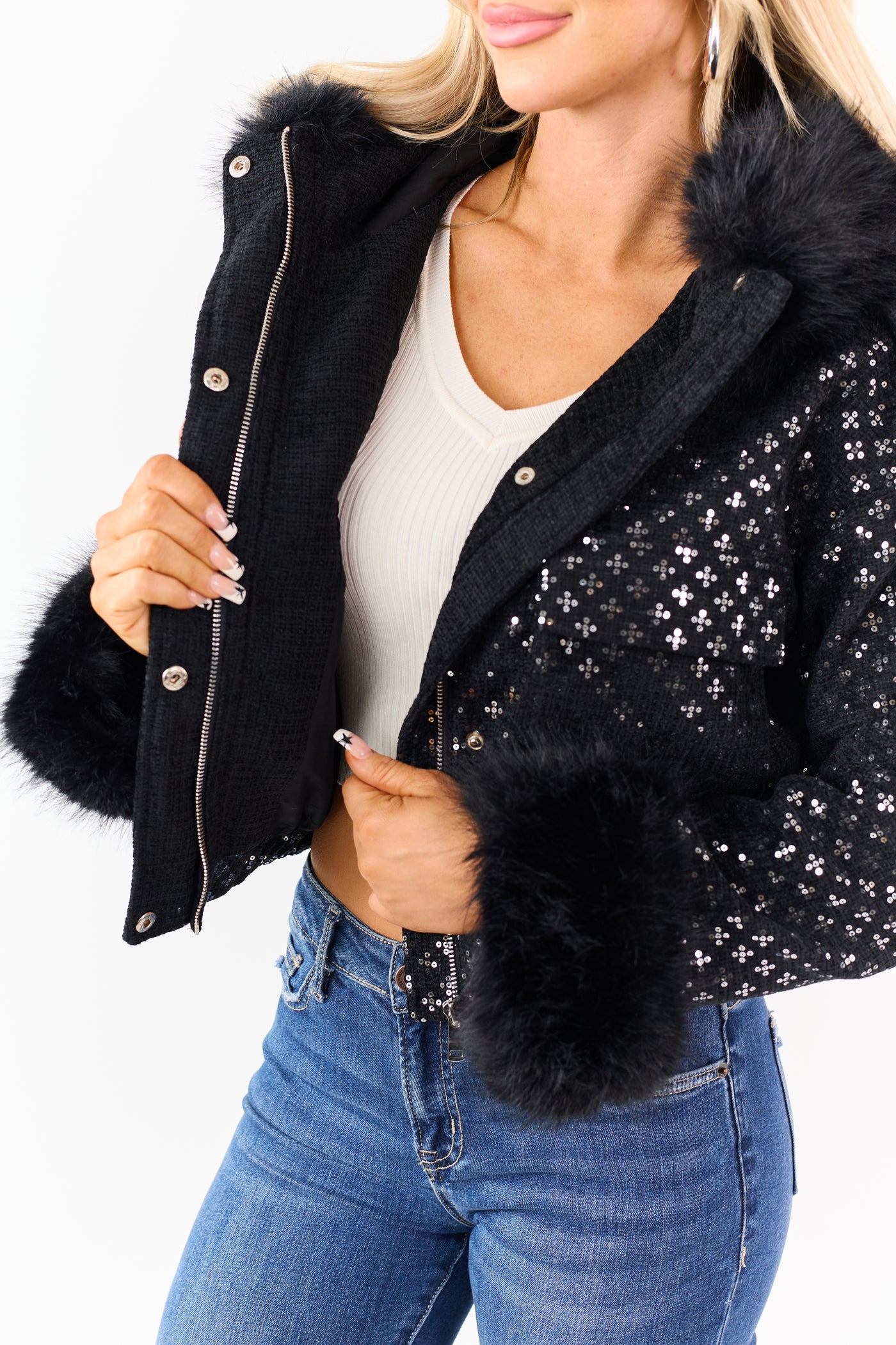 Black Faux Fur Trim Sequin Hooded Bomber Jacket