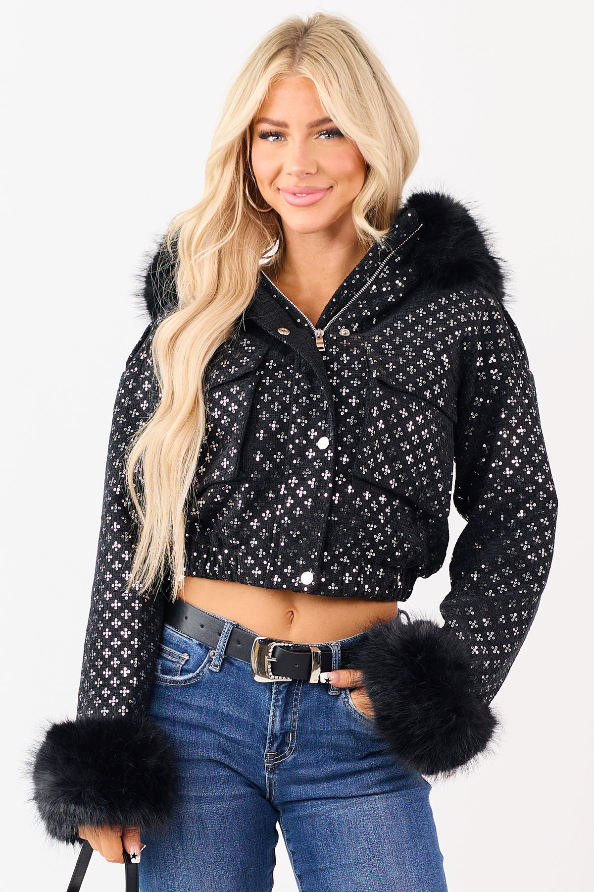 Sequin / Faux Fur Hood Black Faux Fur Trim Sequin Hooded Bomber Jacket | Lime Lush  main image 2