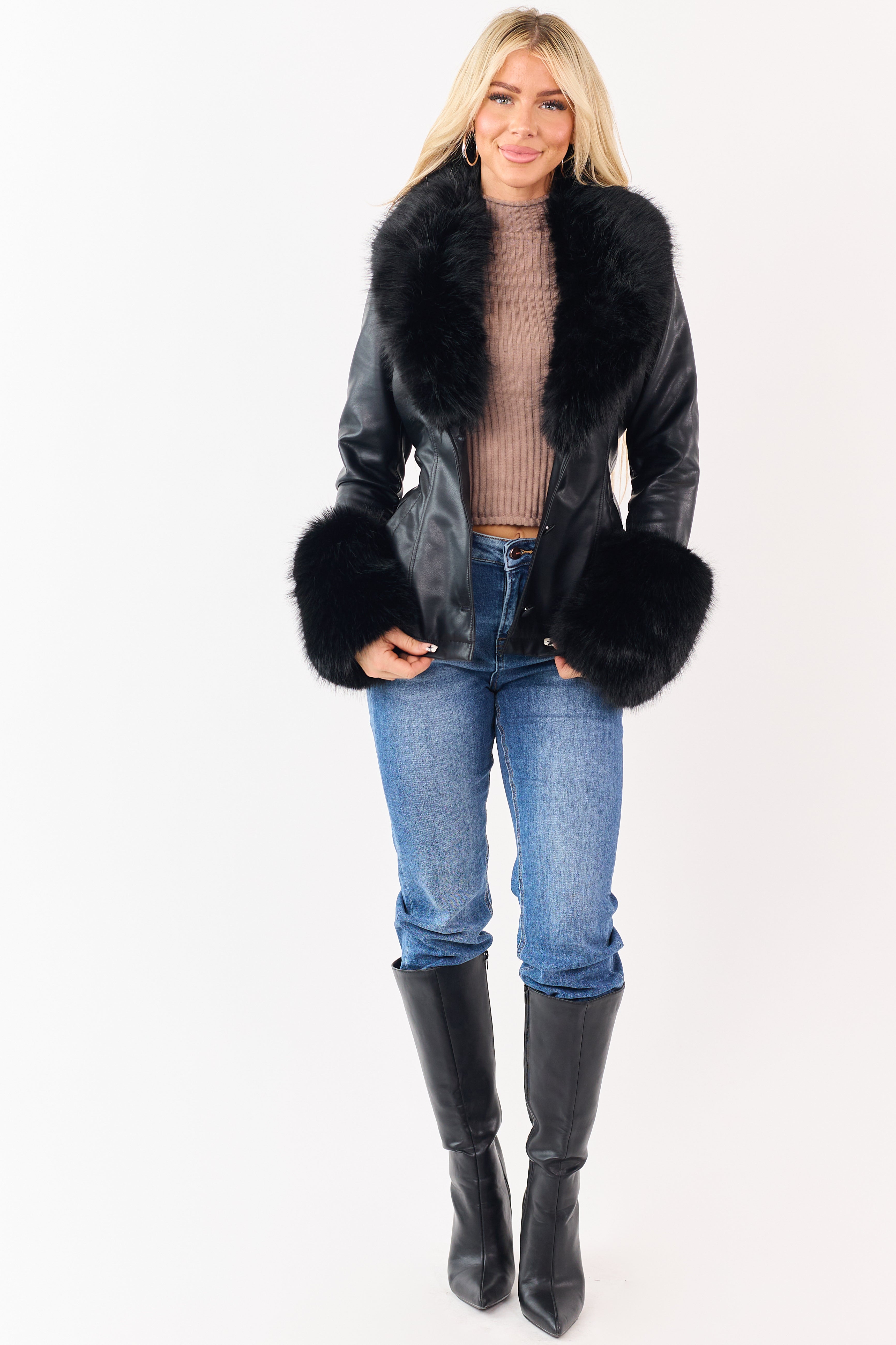 Black Faux Leather Belted Faux Fur Trim Coat