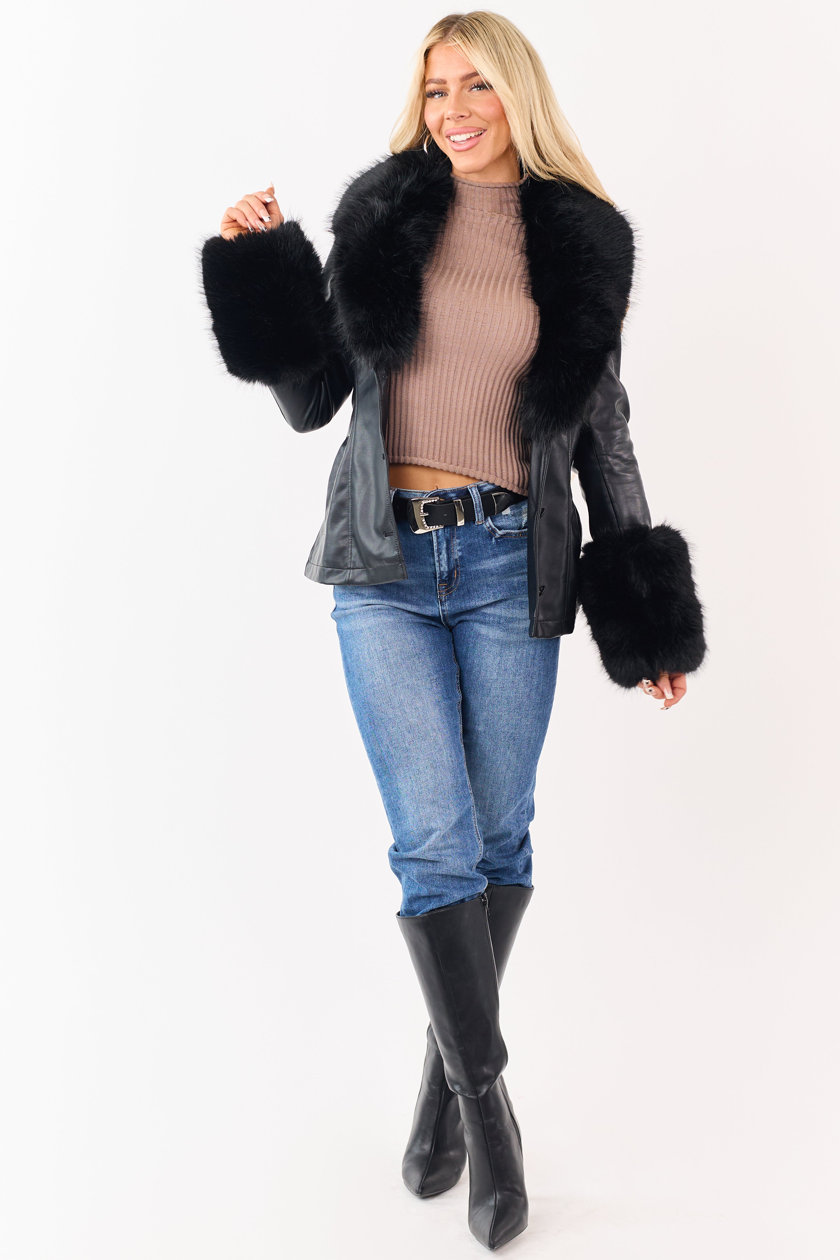 Black Faux Leather Belted Faux Fur Trim Coat