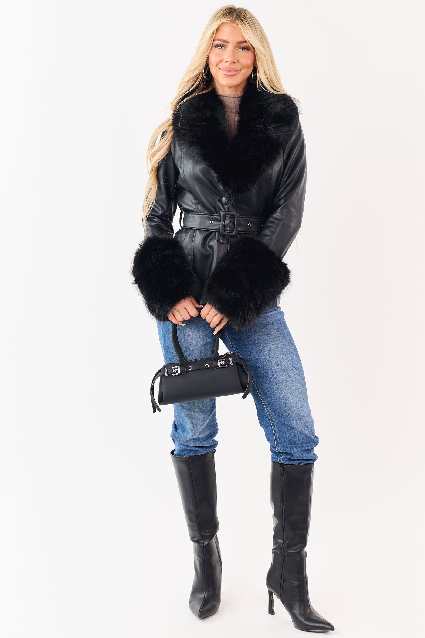 Black Faux Leather Belted Faux Fur Trim Coat