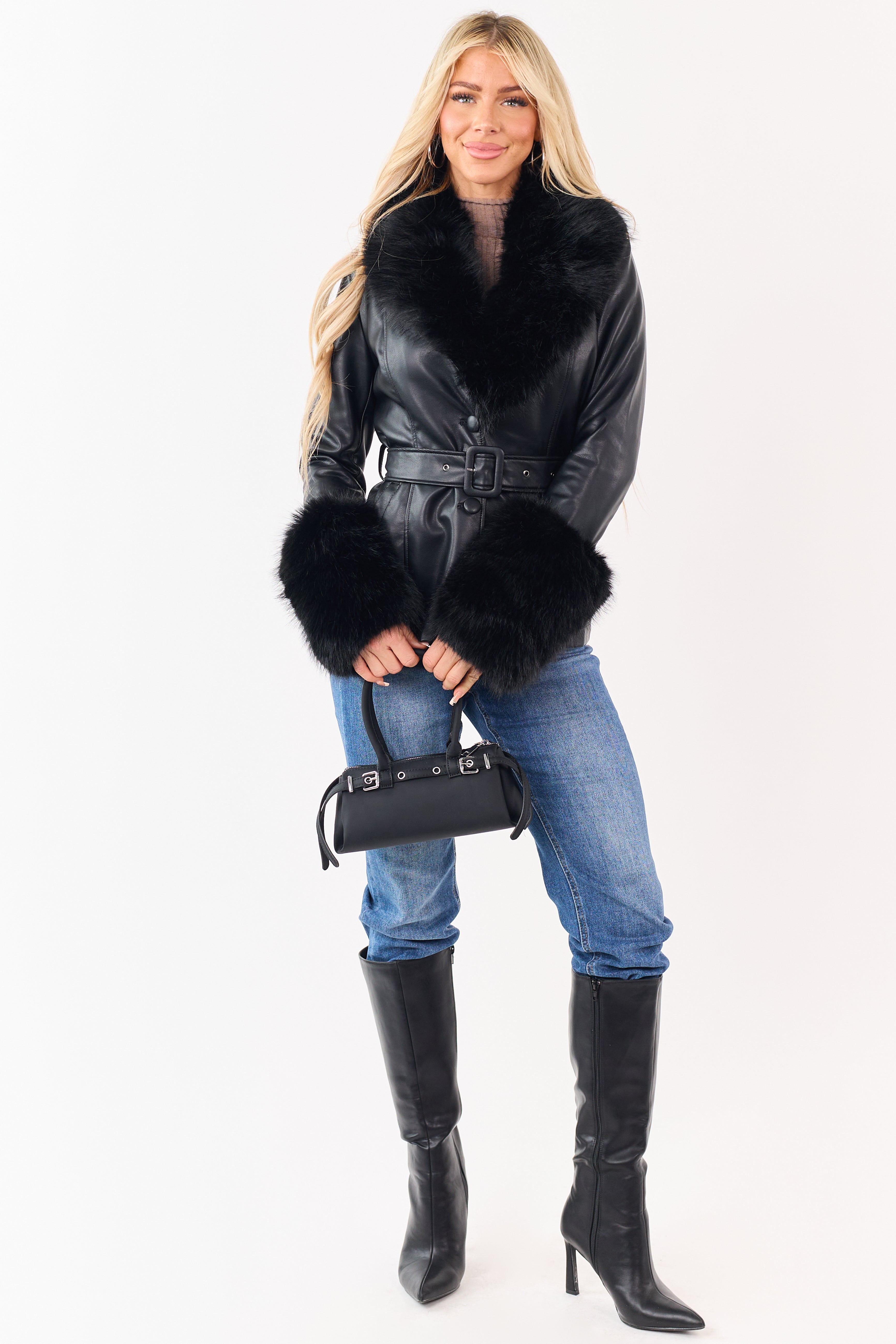 Black Faux Leather Belted Faux Fur Trim Coat