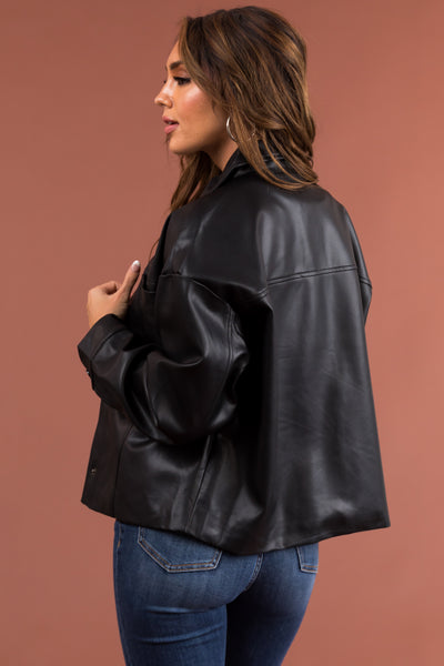 Black Faux Leather Button Down Shacket