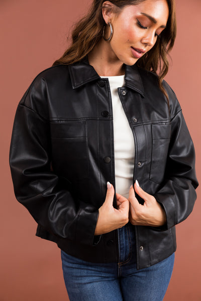 Black Faux Leather Button Down Shacket