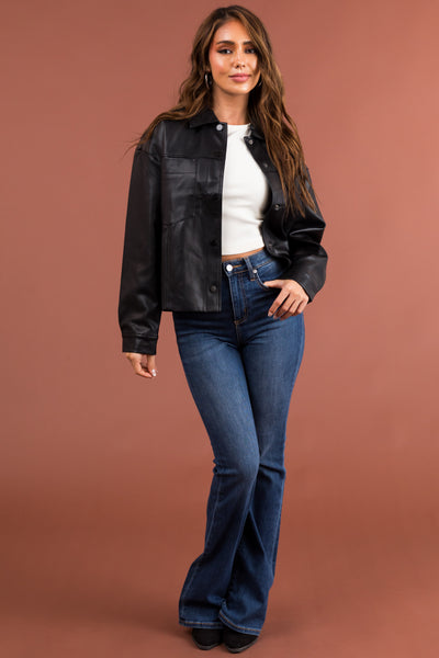Black Faux Leather Button Down Shacket
