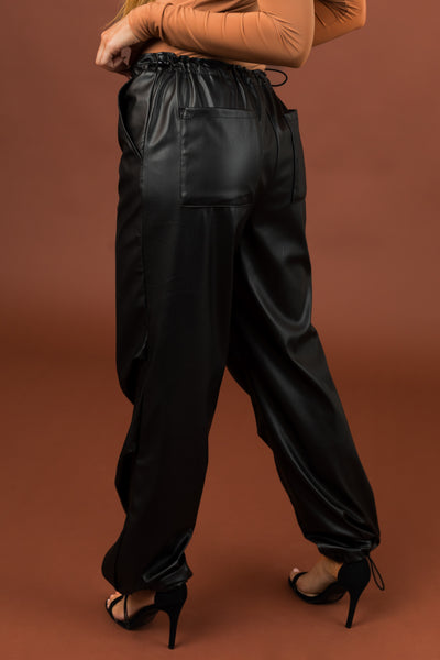 Black Faux Leather Cinched Waist Jogger Pants