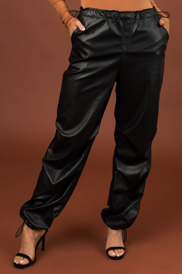 Black Faux Leather Cinched Waist Jogger Pants
