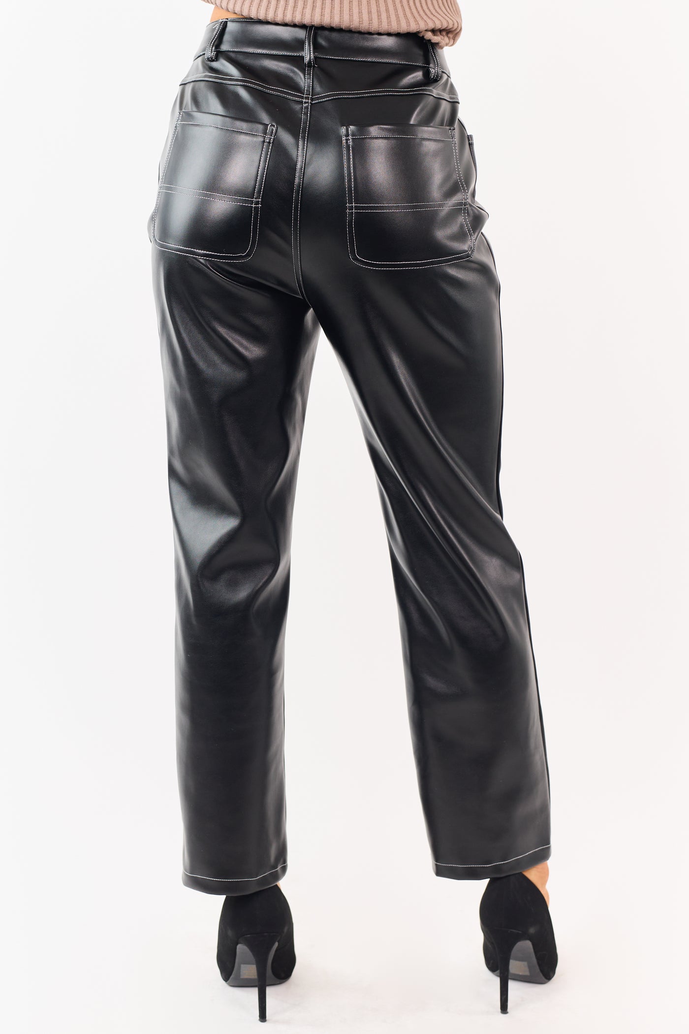 Black Faux Leather Contrast Stitch Straight Leg Pants