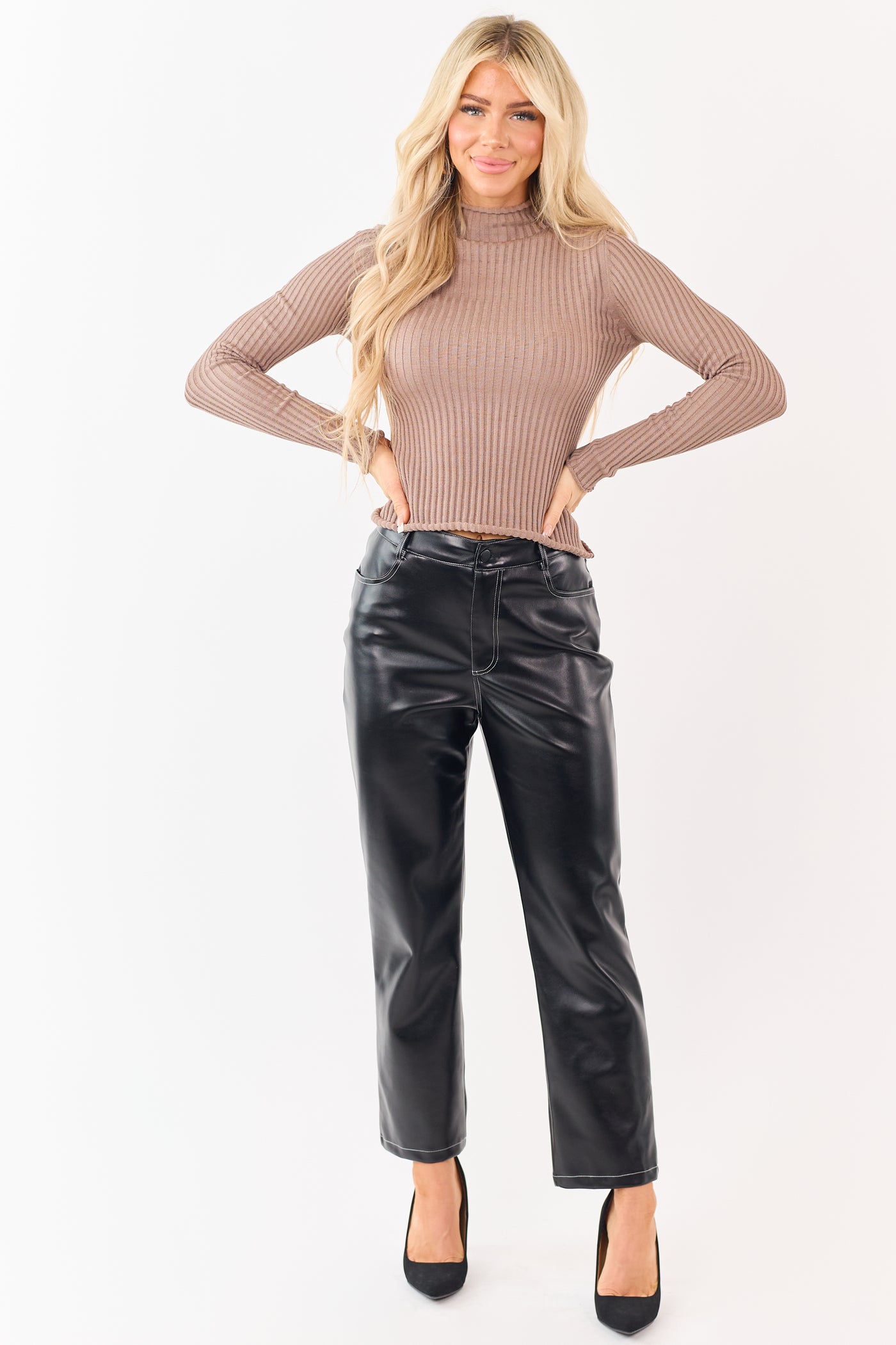 Black Faux Leather Contrast Stitch Straight Leg Pants
