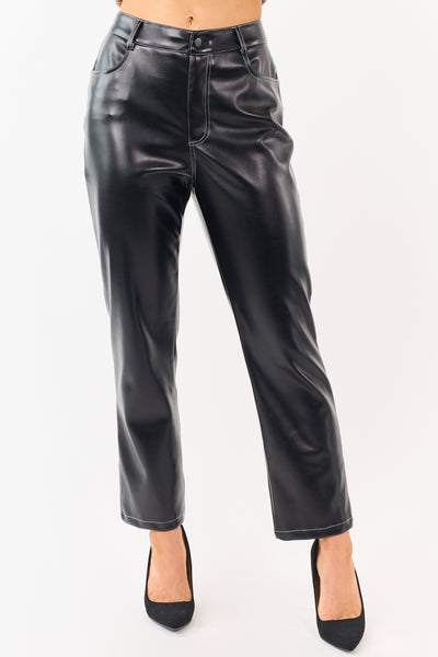 Black Faux Leather Contrast Stitch Straight Leg Pants