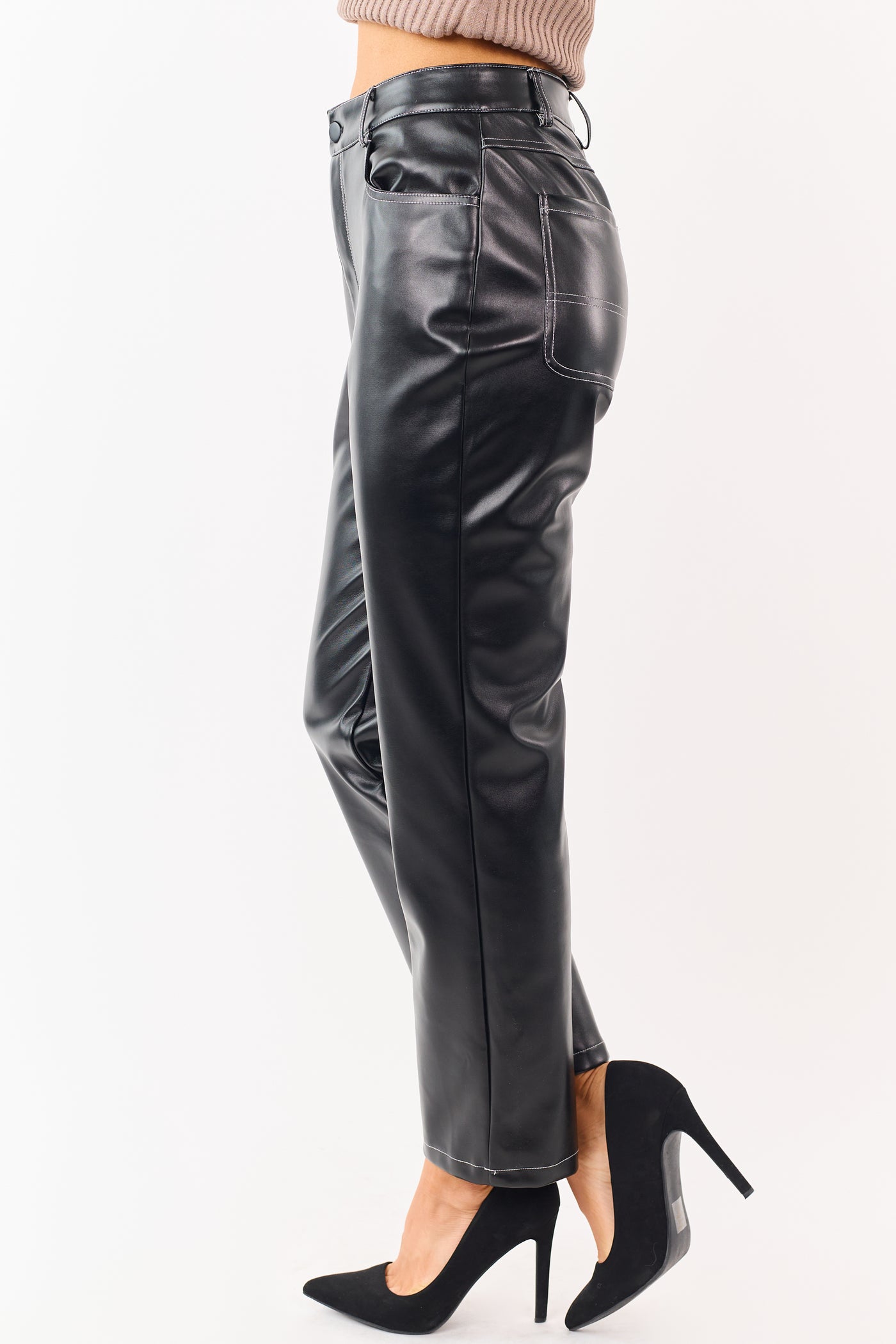 Black Faux Leather Contrast Stitch Straight Leg Pants
