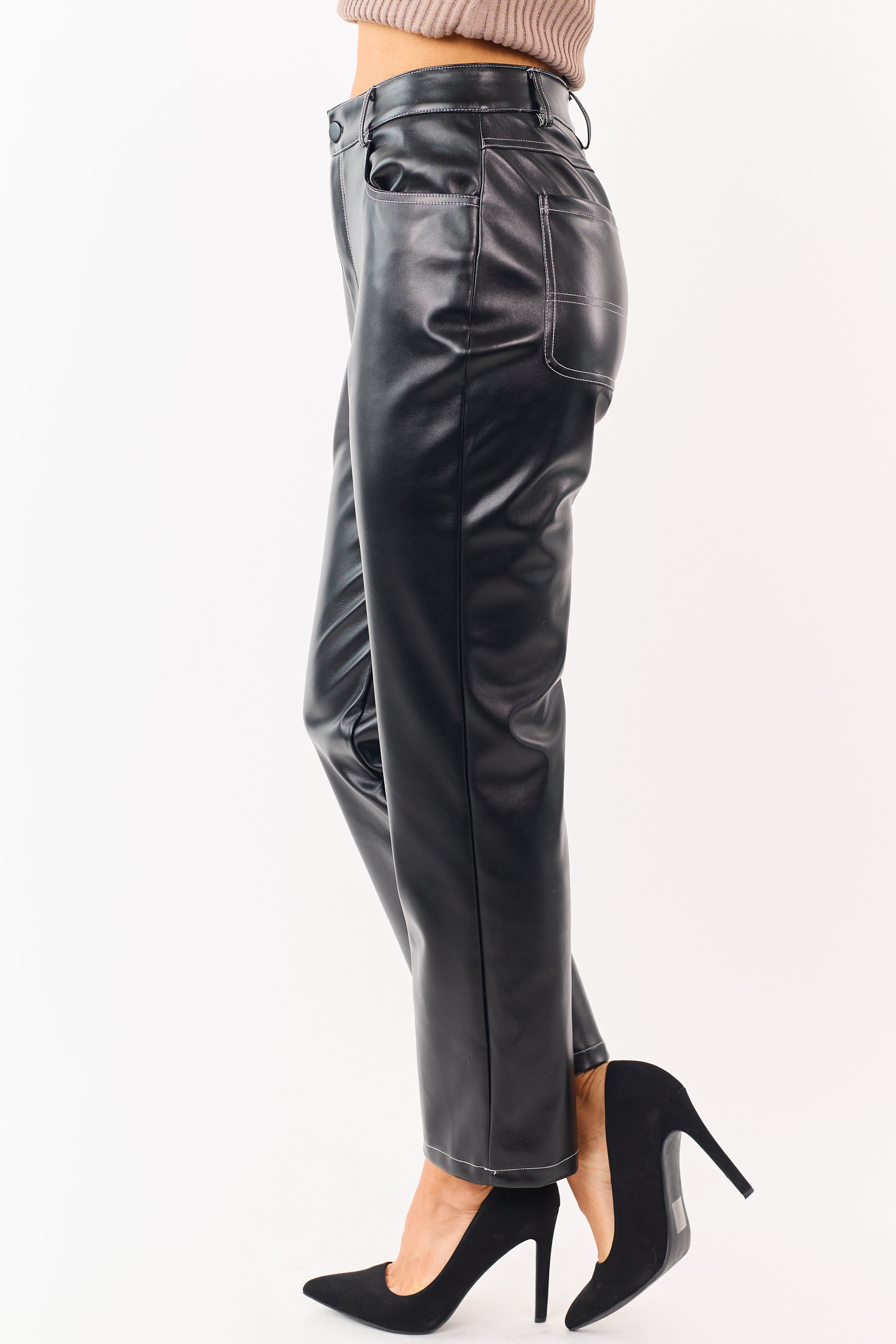 Black Faux Leather Contrast Stitch Straight Leg Pants