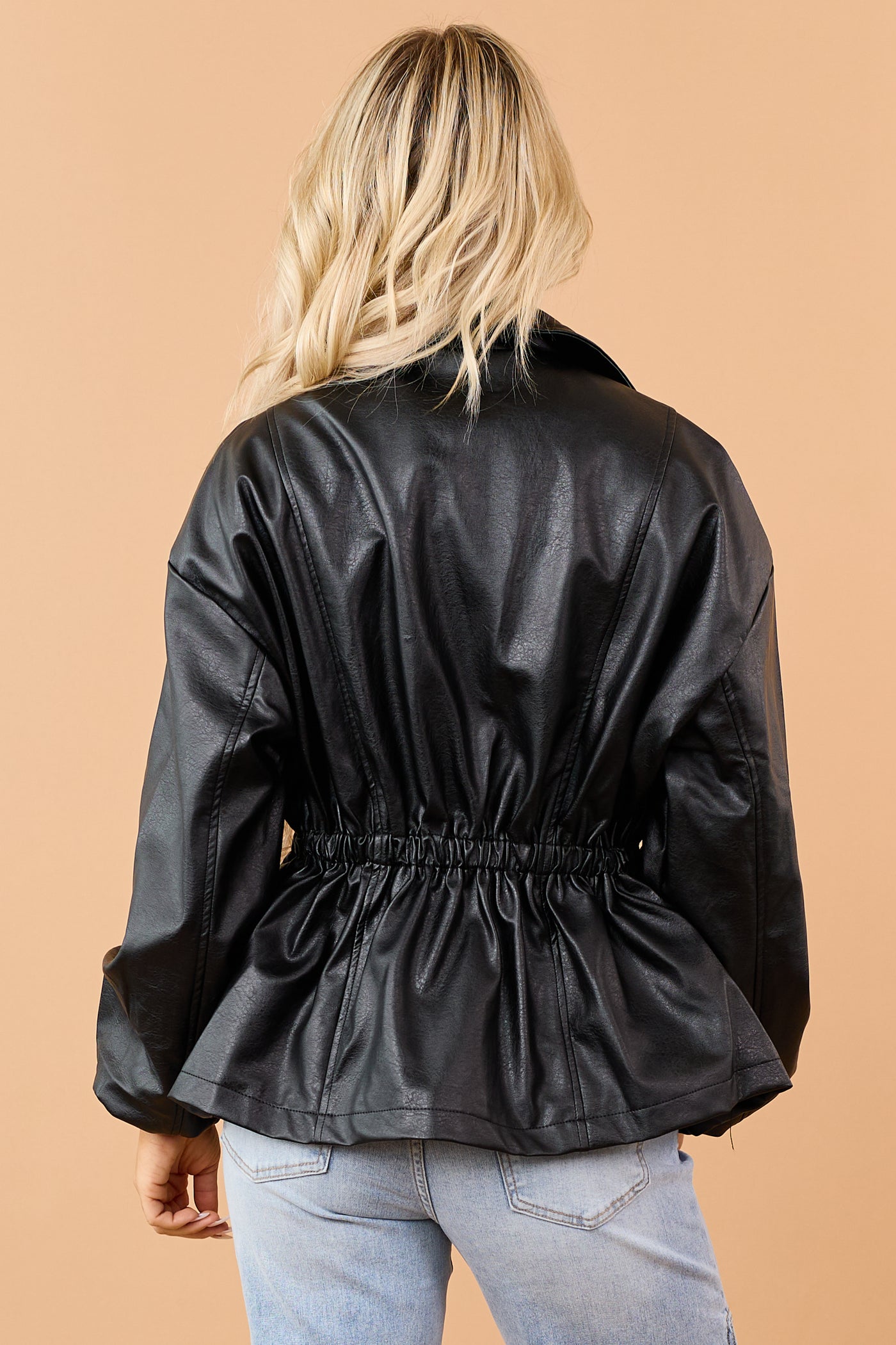 Black Faux Leather Elastic Peplum Waist Jacket