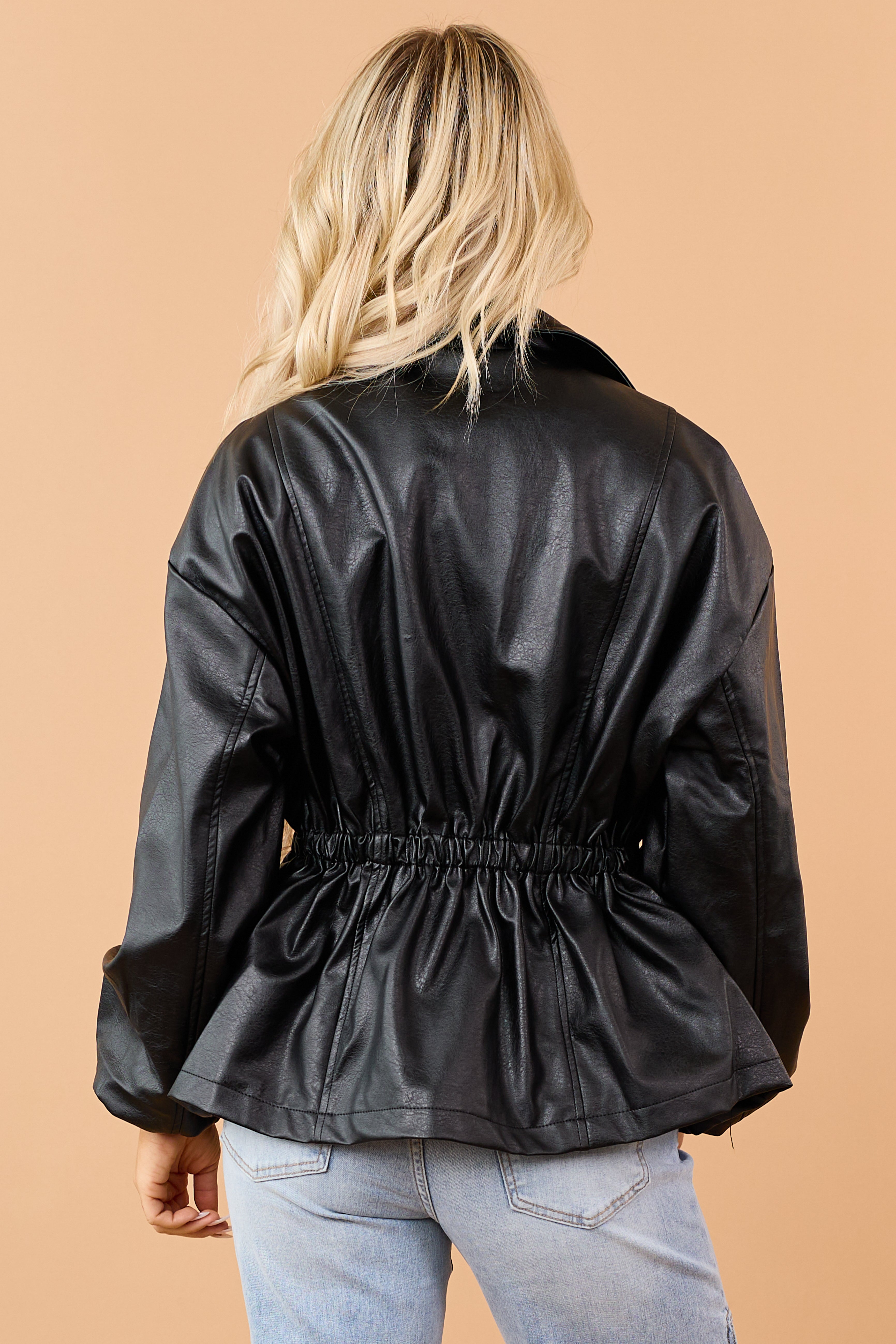 Black Faux Leather Elastic Peplum Waist Jacket
