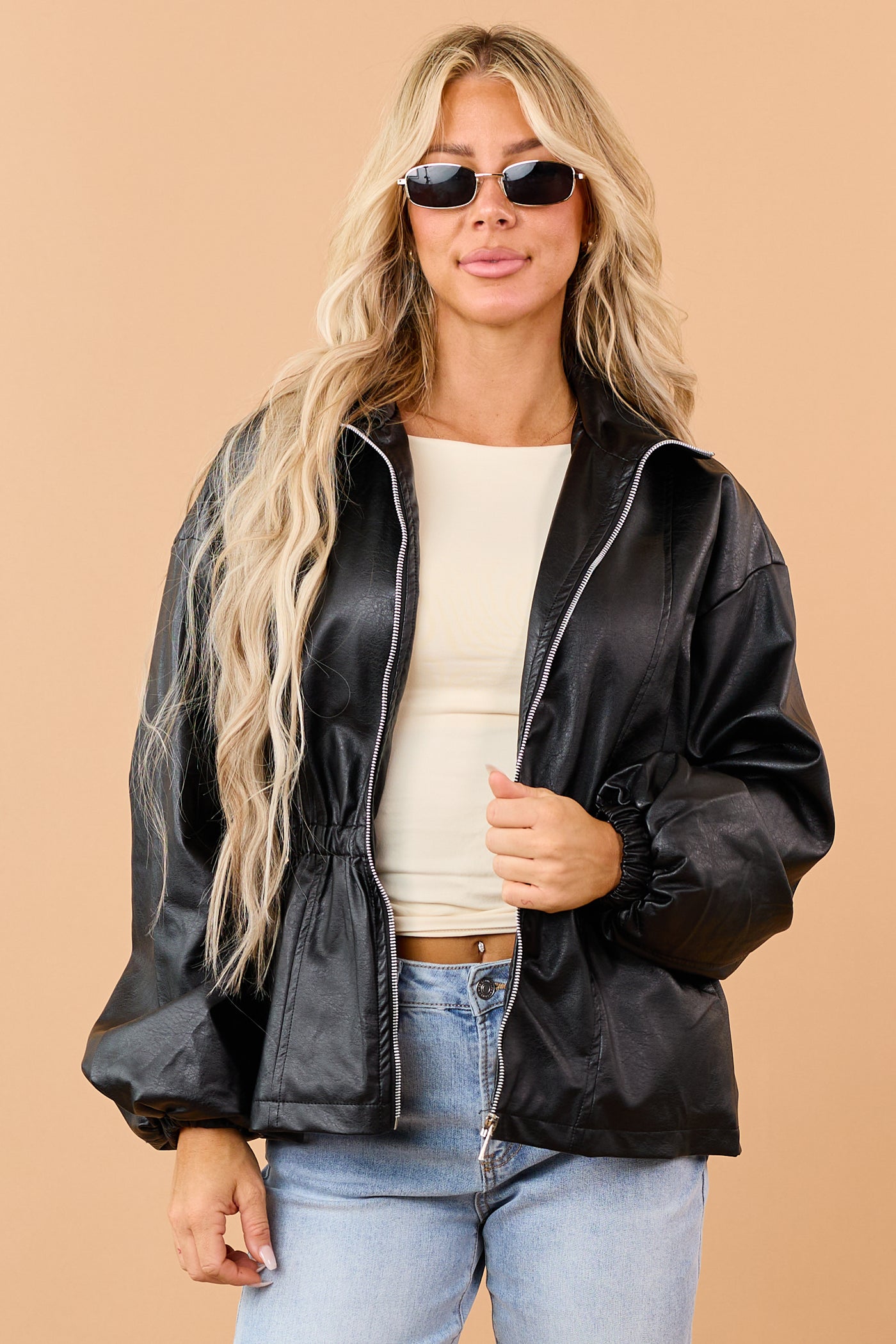 Black Faux Leather Elastic Peplum Waist Jacket