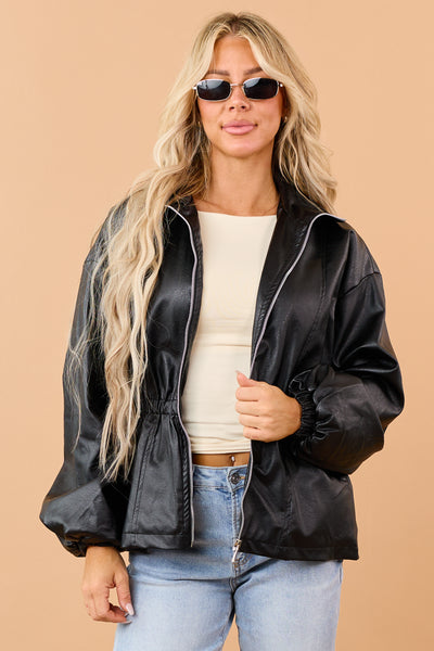 Black Faux Leather Elastic Peplum Waist Jacket