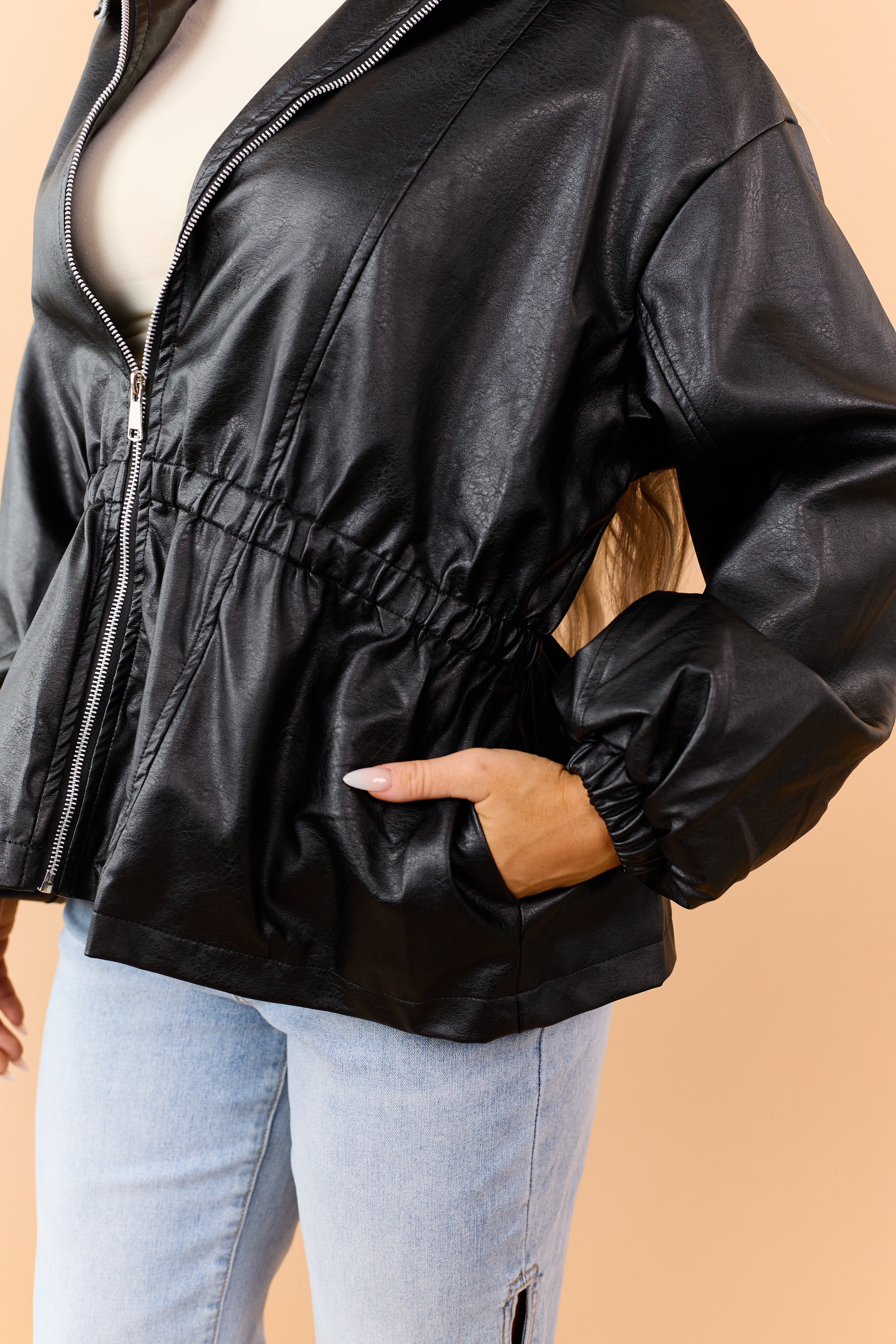 Black Faux Leather Elastic Peplum Waist Jacket