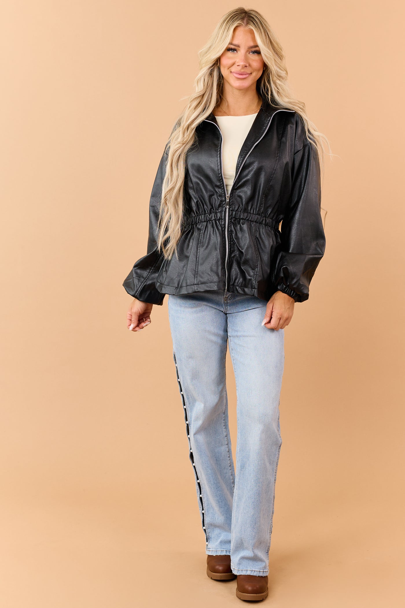 Black Faux Leather Elastic Peplum Waist Jacket