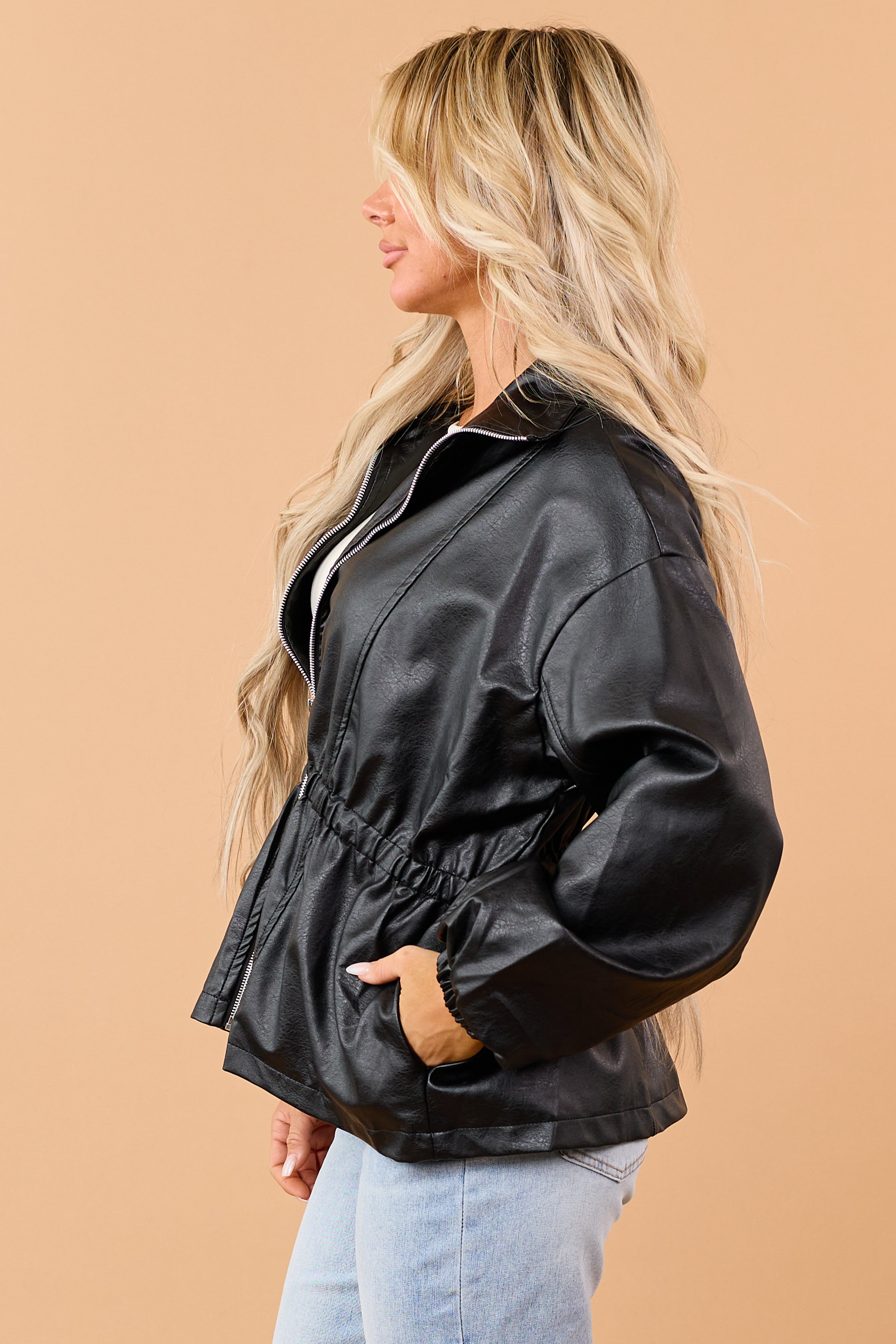 Black Faux Leather Elastic Peplum Waist Jacket