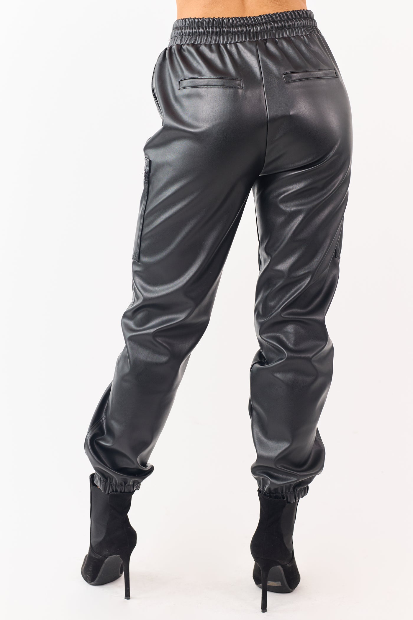 Black Faux Leather Elastic Waist Cargo Joggers