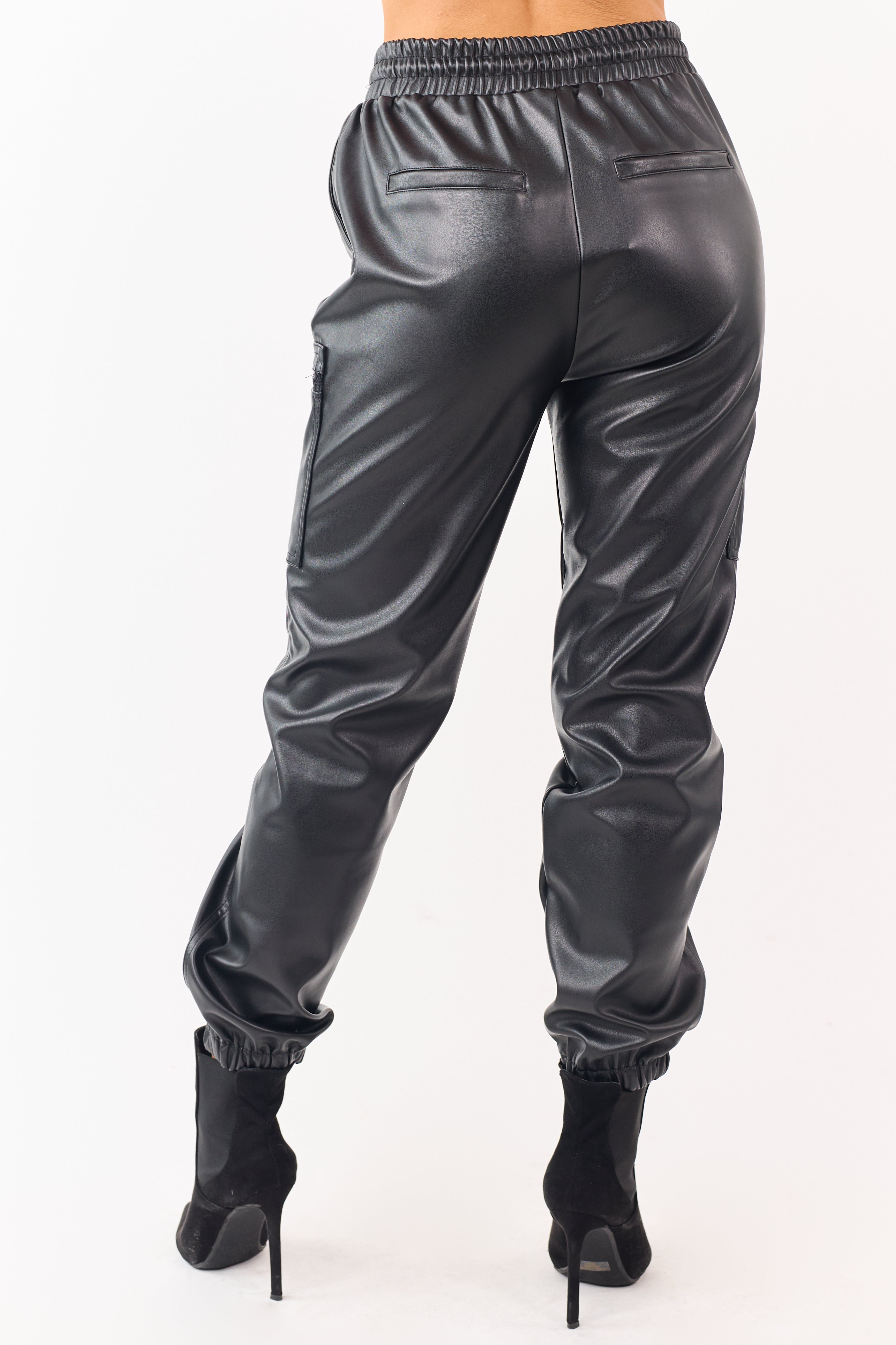 Black Faux Leather Elastic Waist Cargo Joggers