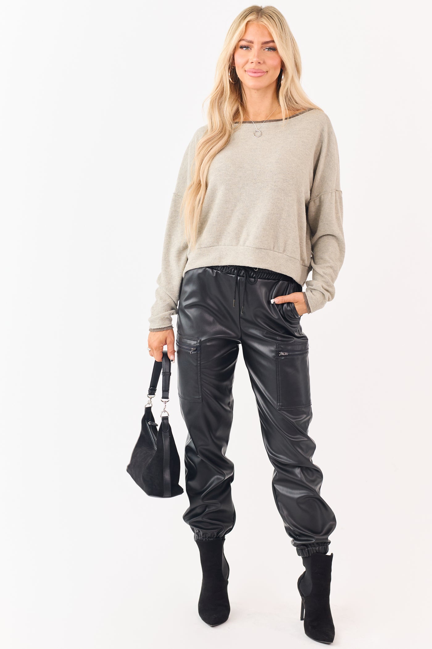 Black Faux Leather Elastic Waist Cargo Joggers