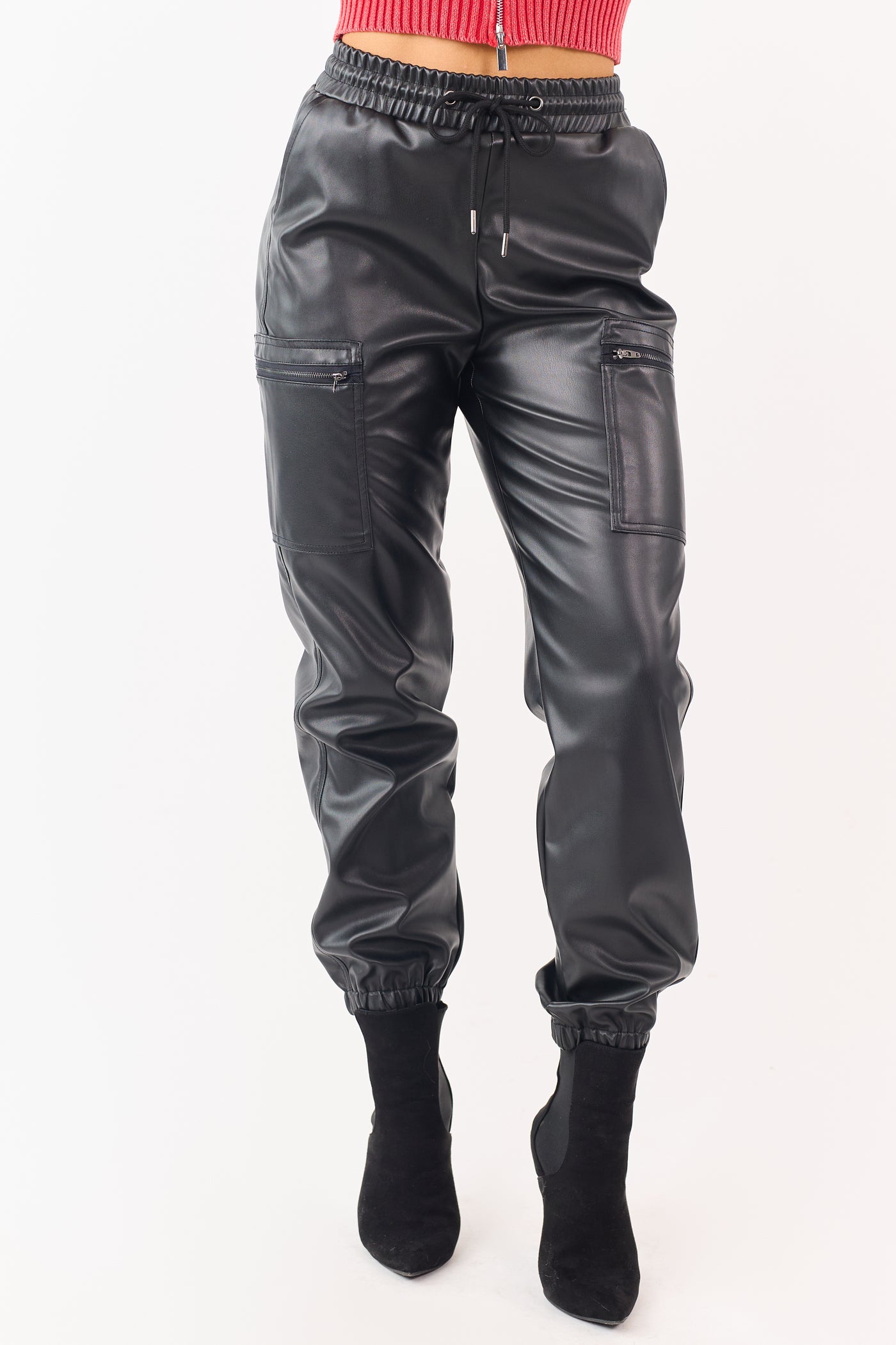 Black Faux Leather Elastic Waist Cargo Joggers