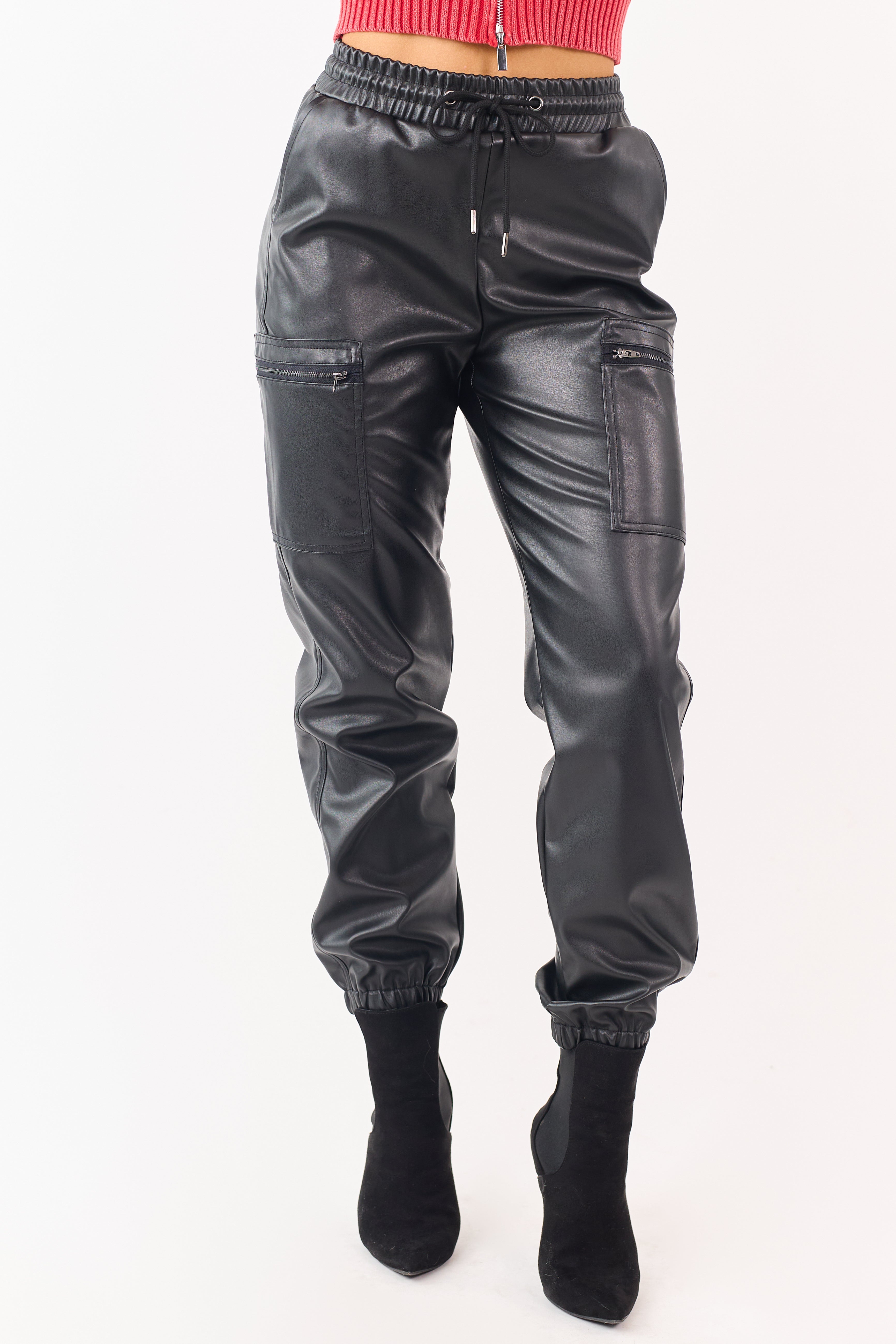 Black Faux Leather Elastic Waist Cargo Joggers