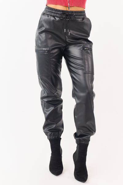 Black Faux Leather Elastic Waist Cargo Joggers