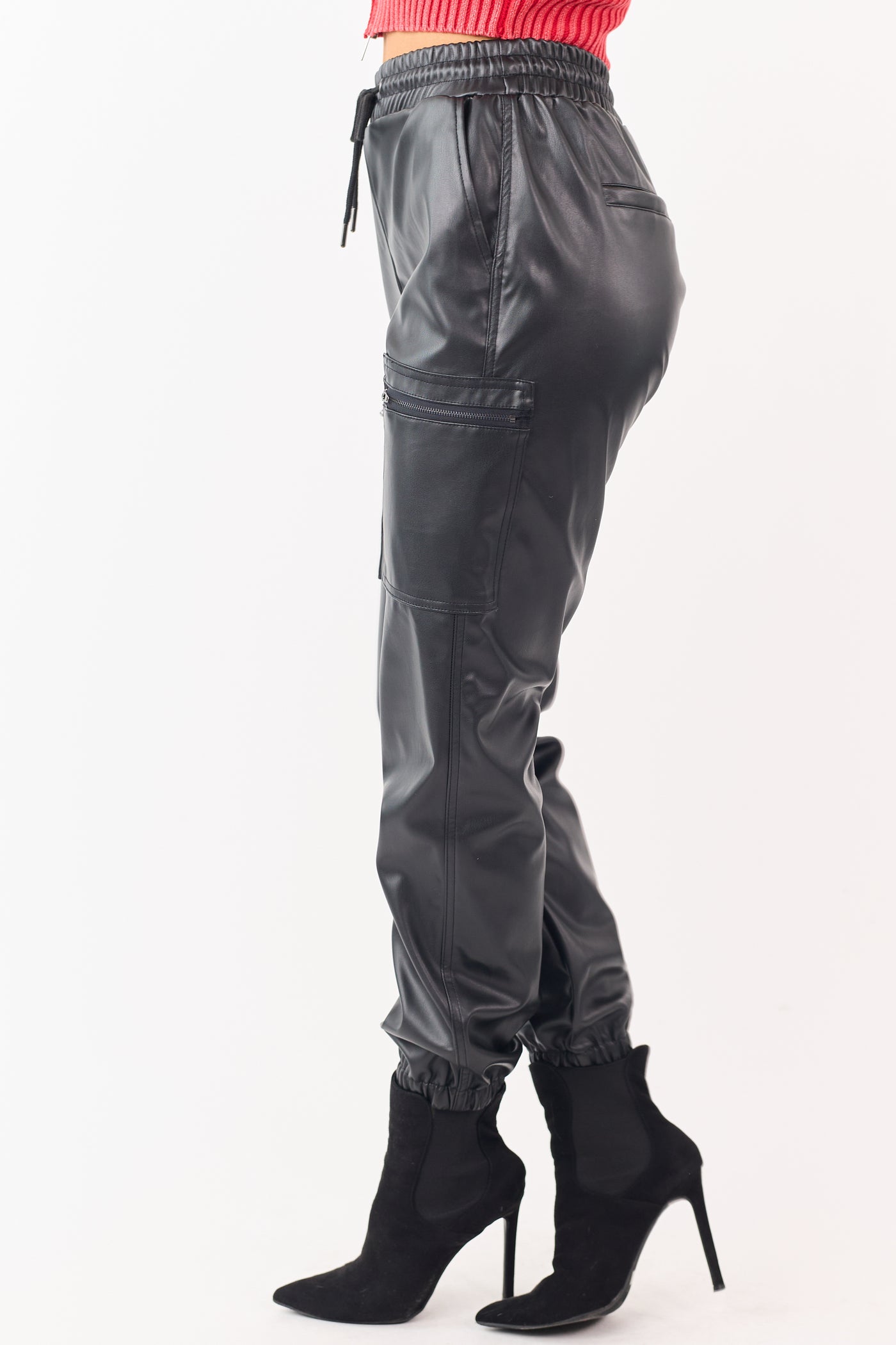 Black Faux Leather Elastic Waist Cargo Joggers