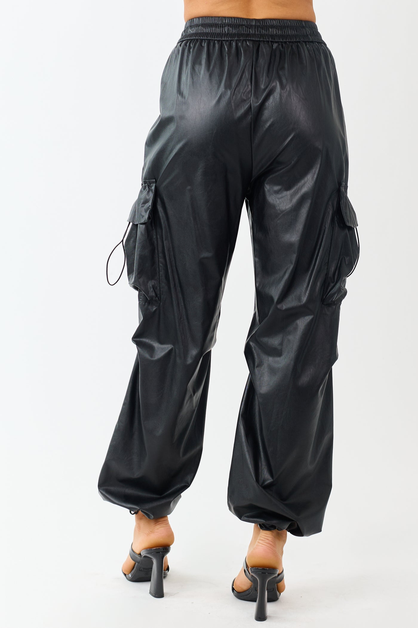Black Faux Leather Elastic Waist Cargo Pants