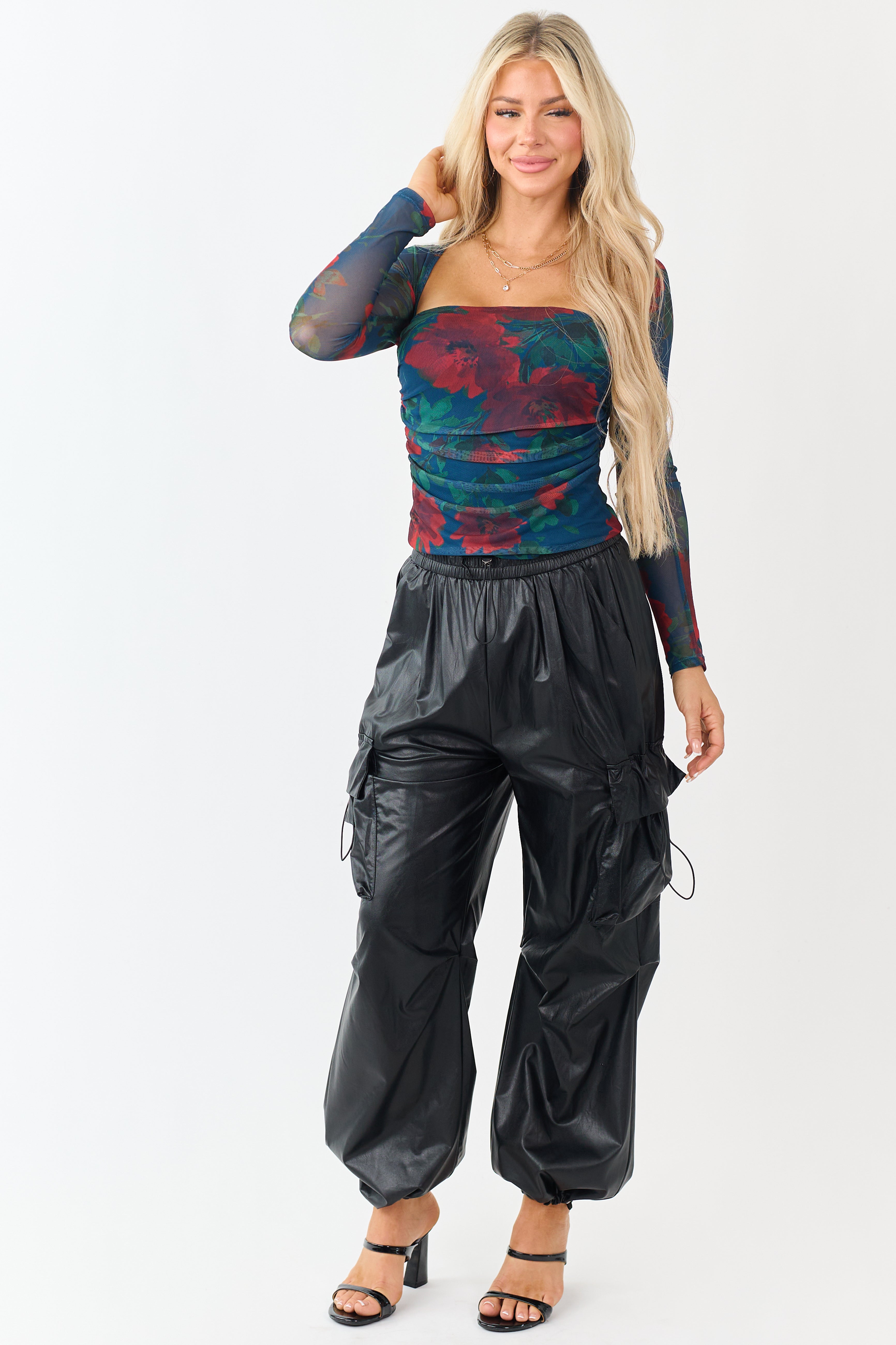 Black Faux Leather Elastic Waist Cargo Pants